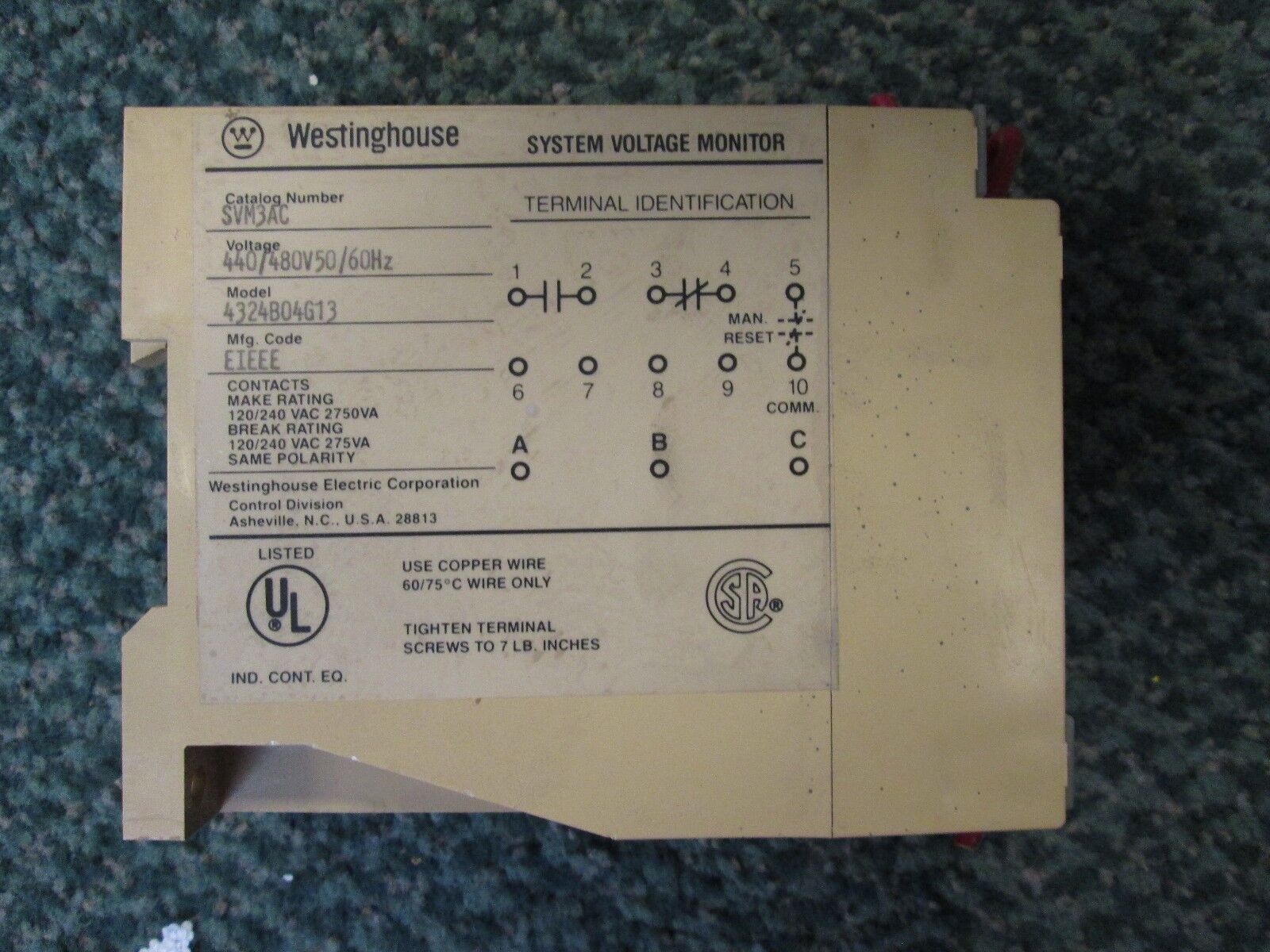 Westinghouse System Voltage Monitor SVM3AC 440/480V 50/60Hz Used