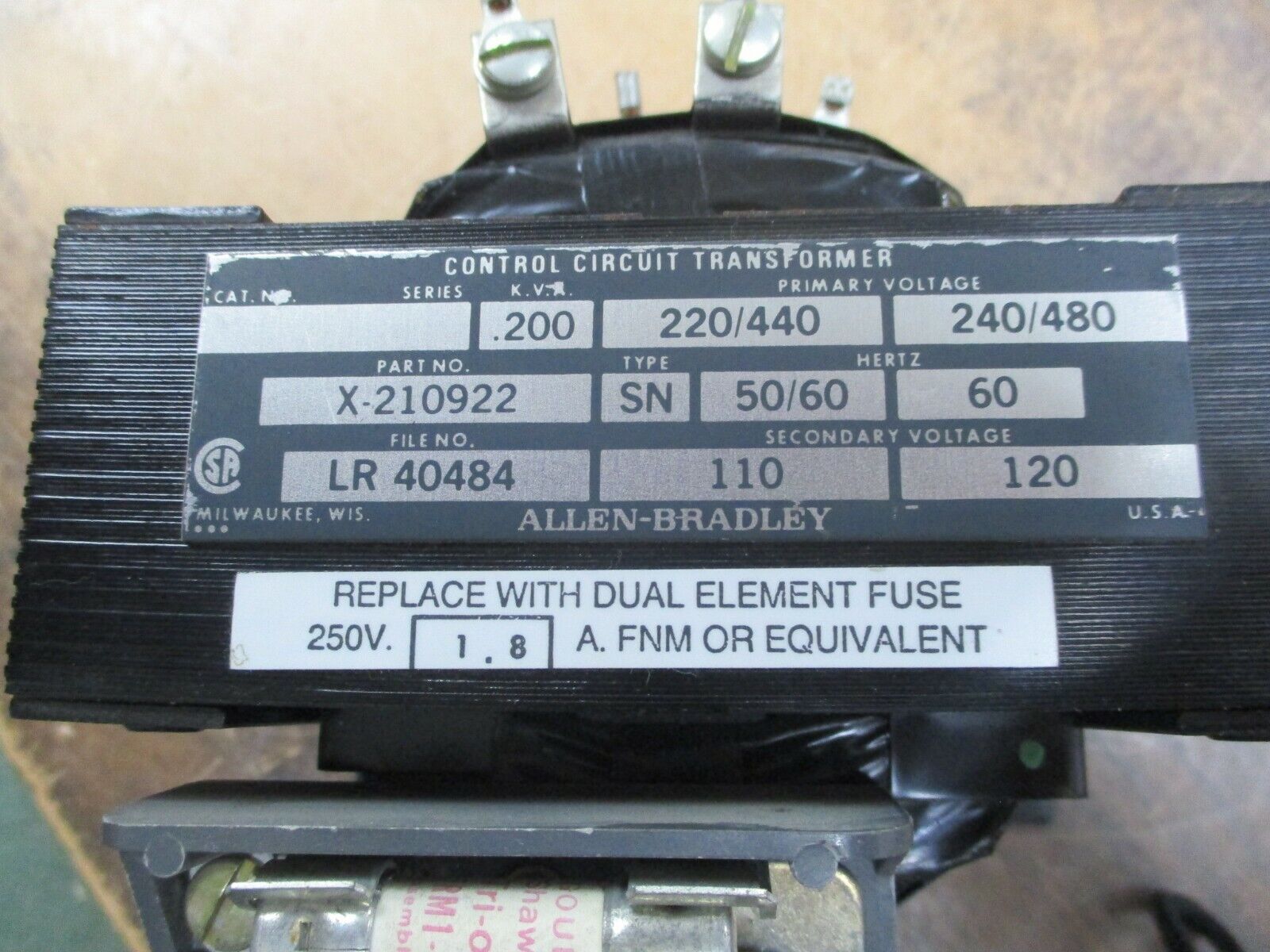 Allen-Bradley Type SN Control Transformer X-210922 0.200KVA Used