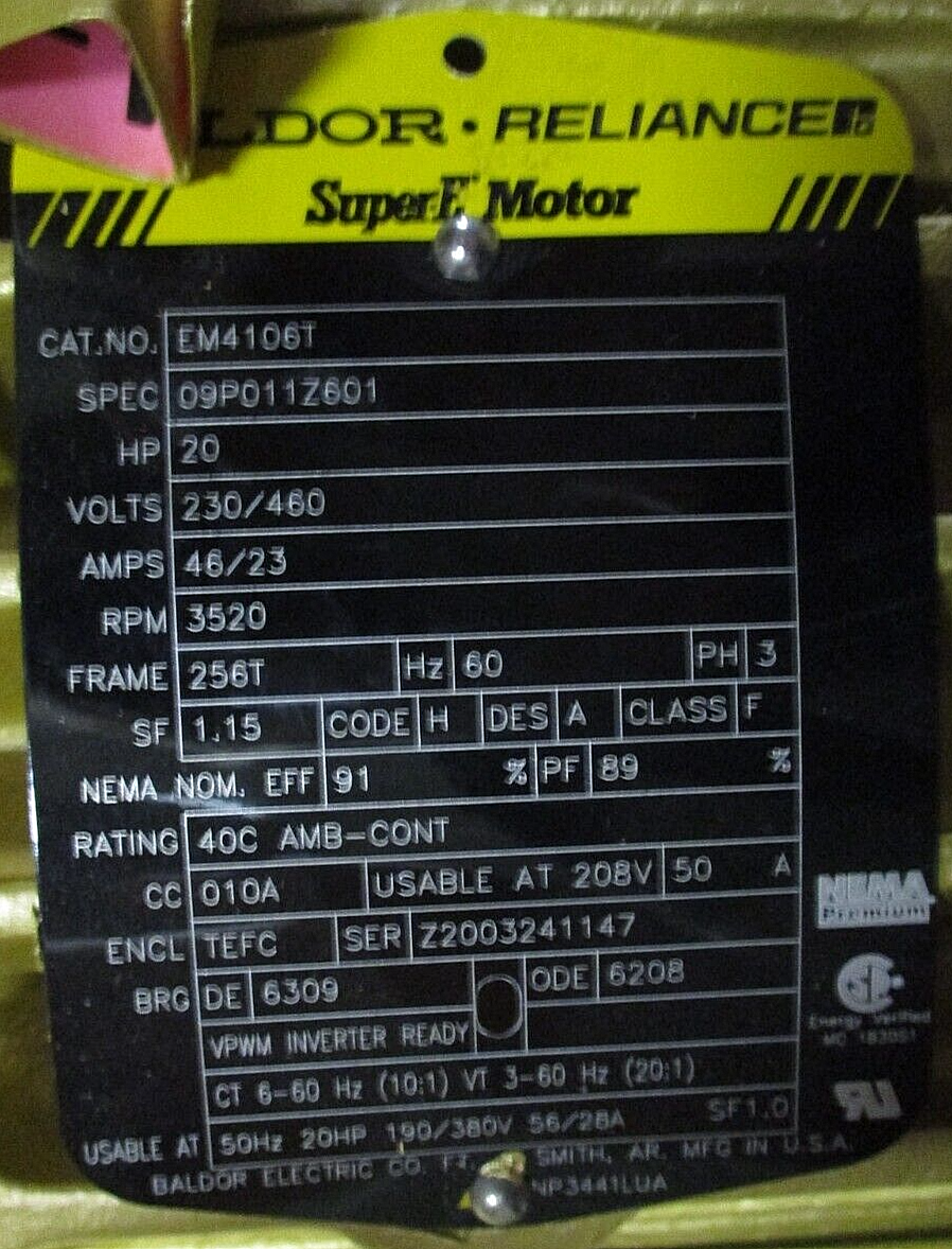 Baldor Motor EM4106T 20HP 3600RPM 230/460V 46/23A 3Ph 60Hz New Surplus