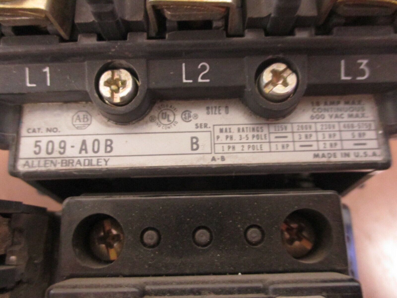 Allen-Bradley Size 0 Contactor 509-AOB Ser. B 115-120V Coil 18A 600V Used