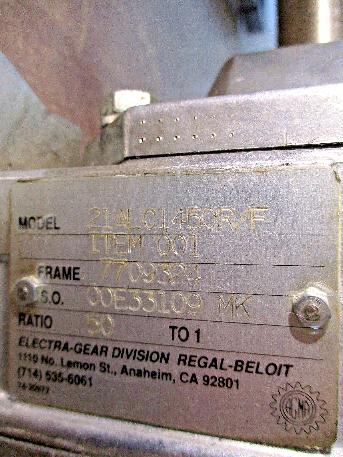 Electra-Gear Aluminum Reducer 21ALC1450R/F Ratio 50:1 Frame: 7709324 Used