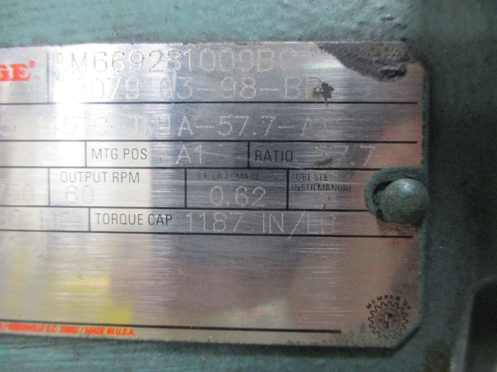 Reliance S-2000 Duty Master AC Motor w/ Gear & Brake B79K7268M 1HP Used