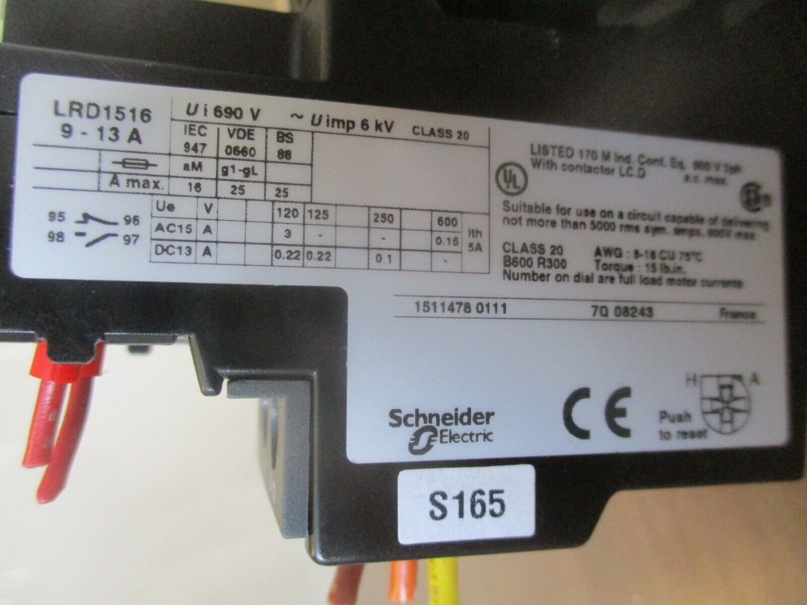 Schneider Starter LC1 D12/LRD1516 120V Coil Trip: 9-13A Used