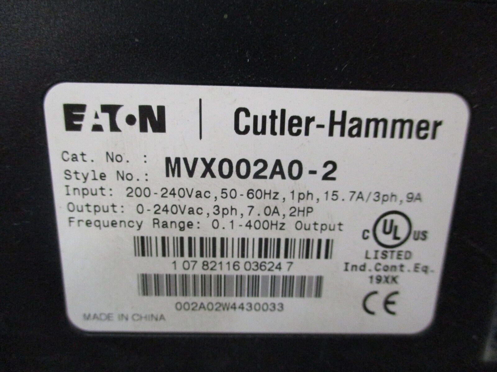 Eaton Sensorless Vector AC Drive MVX002A0-2 2HP w/ Keypad Used