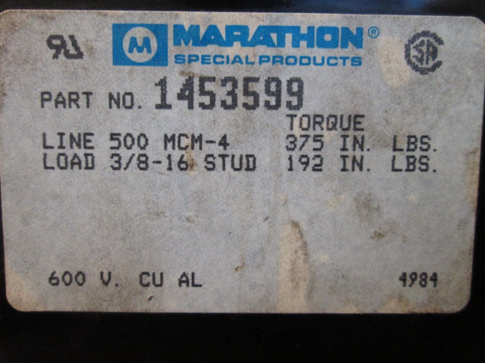 Marathon Power Distribution Block 1453599 Line(2) 500MCM Load(2) 3/8" Studs 3P
