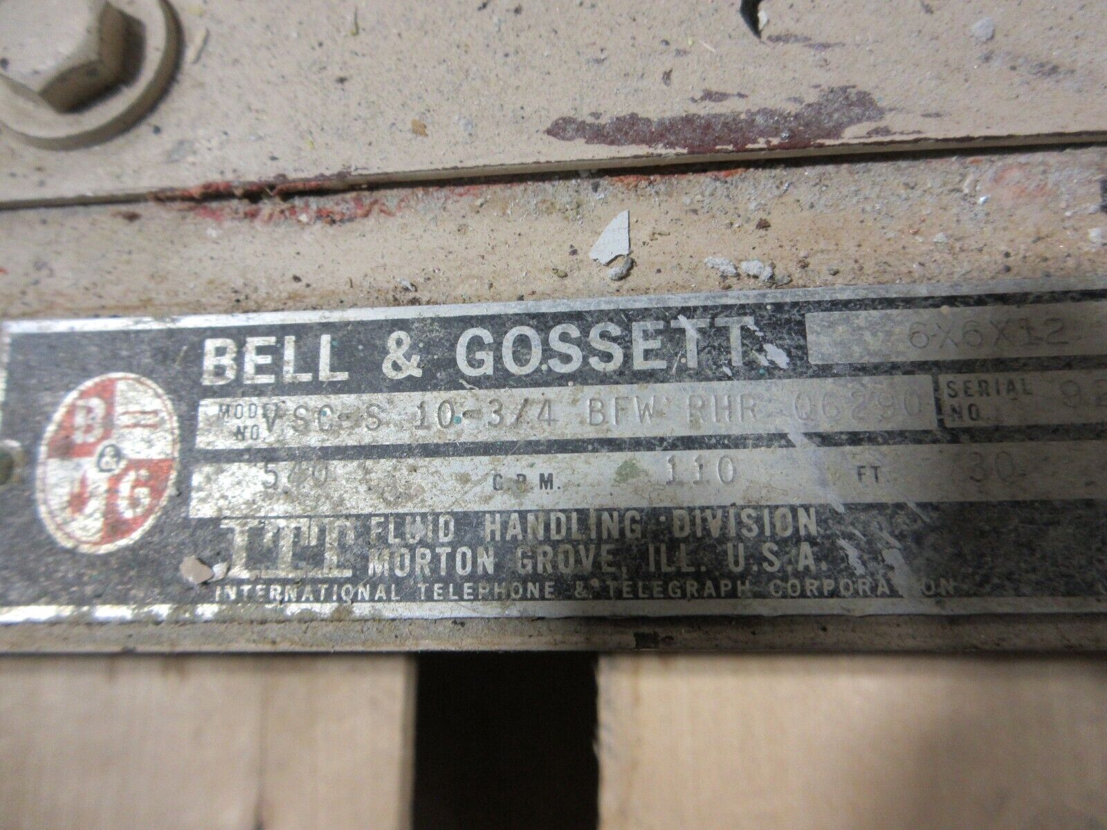 Bell & Gossett 6X6X12 Pump VSC-S 10-3/4 BFW RHR Q6290 30HP 1750RPM 540GPM Used