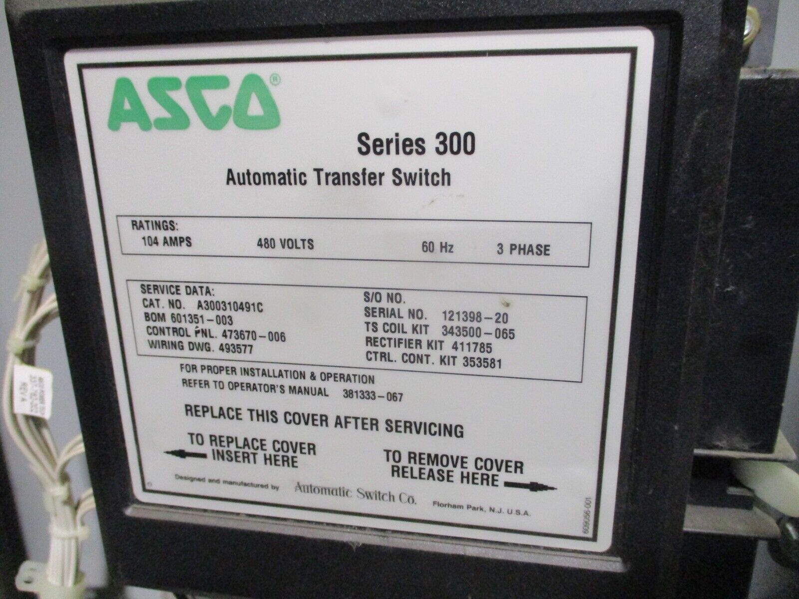 Asco Series 300 Automatic Transfer Switch A300310491XC 104A 480V 60Hz 3Ph Used