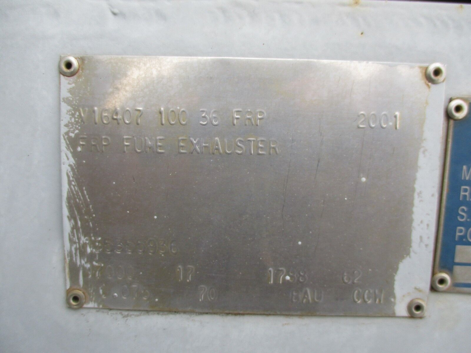 Ceilcote FRP Fume Exhauster V16407 100 36 FRP FE-36 100HP 1800RPM 36" Fan Diam.