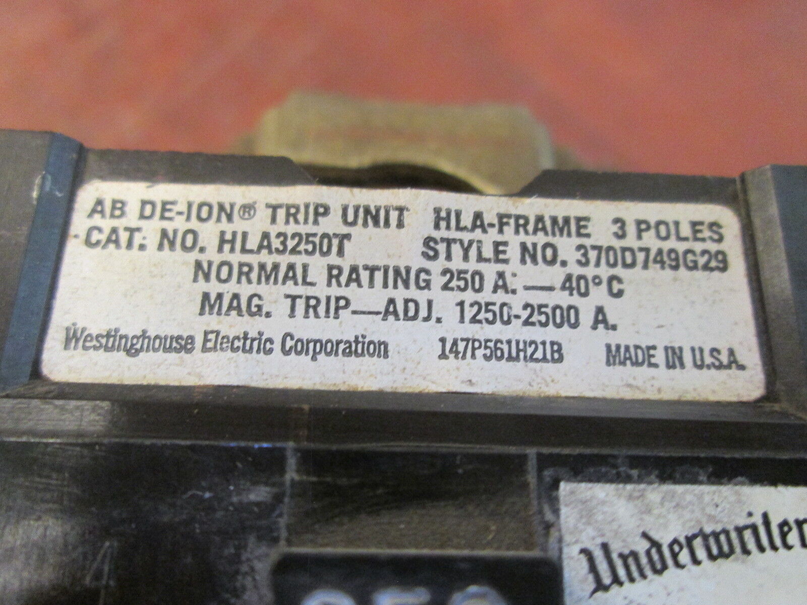 Westinghouse AB De-Ion Trip Unit HLA3250T 250A Trip: 1250-2500A 3P Used