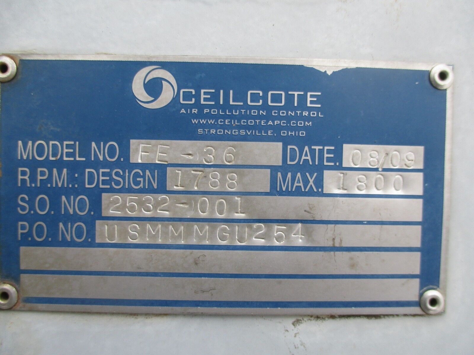 Ceilcote FRP Fume Exhauster V16407 100 36 FRP FE-36 100HP 1800RPM 36" Fan Diam.