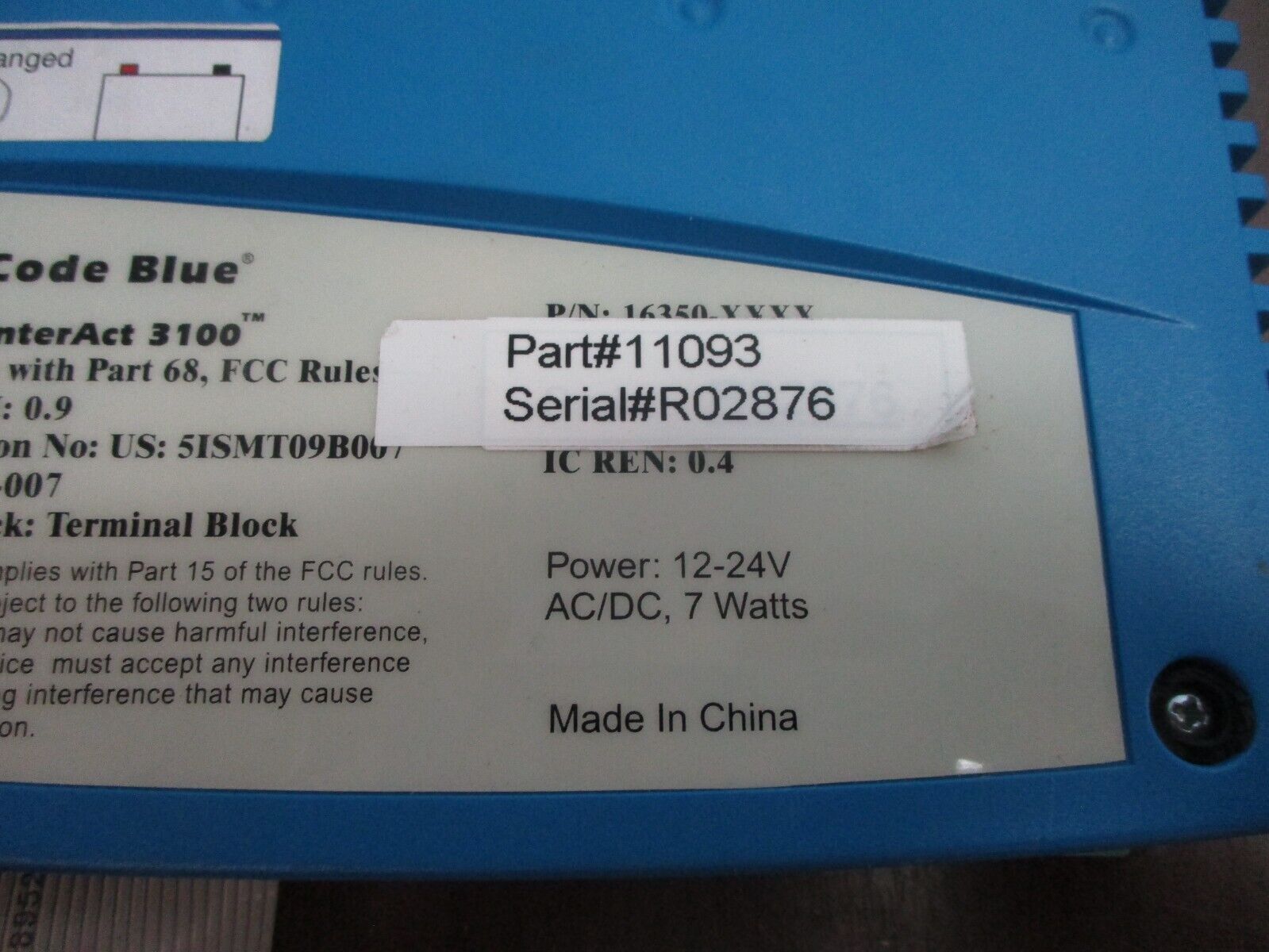 Code Blue InterAct 3100 Voice Intercom 16350-XXXX Rev. 2.4 *Missing (1) Foot*