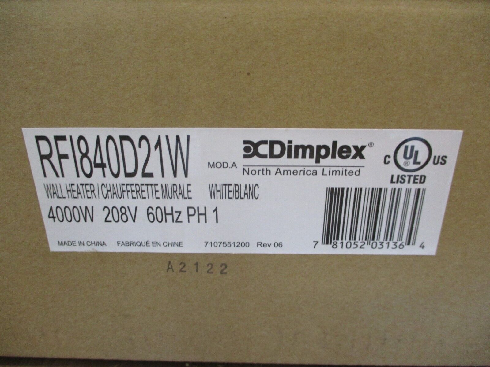 Dimplex Electric Wall Heater RFI840D21W 4000W 208V 60Hz 1Ph New Surplus