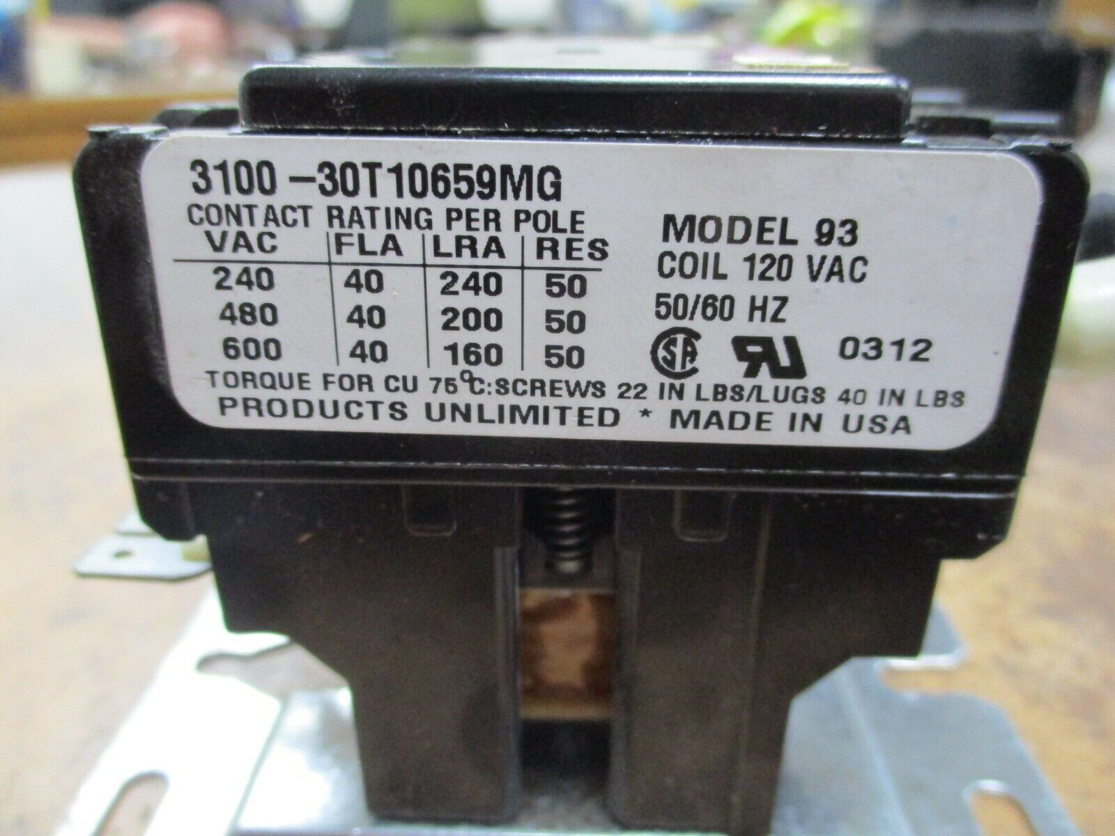 Products Unlimited Model 93 Contactor 3100-30T10659MG 120V Coil 40A 600V Used