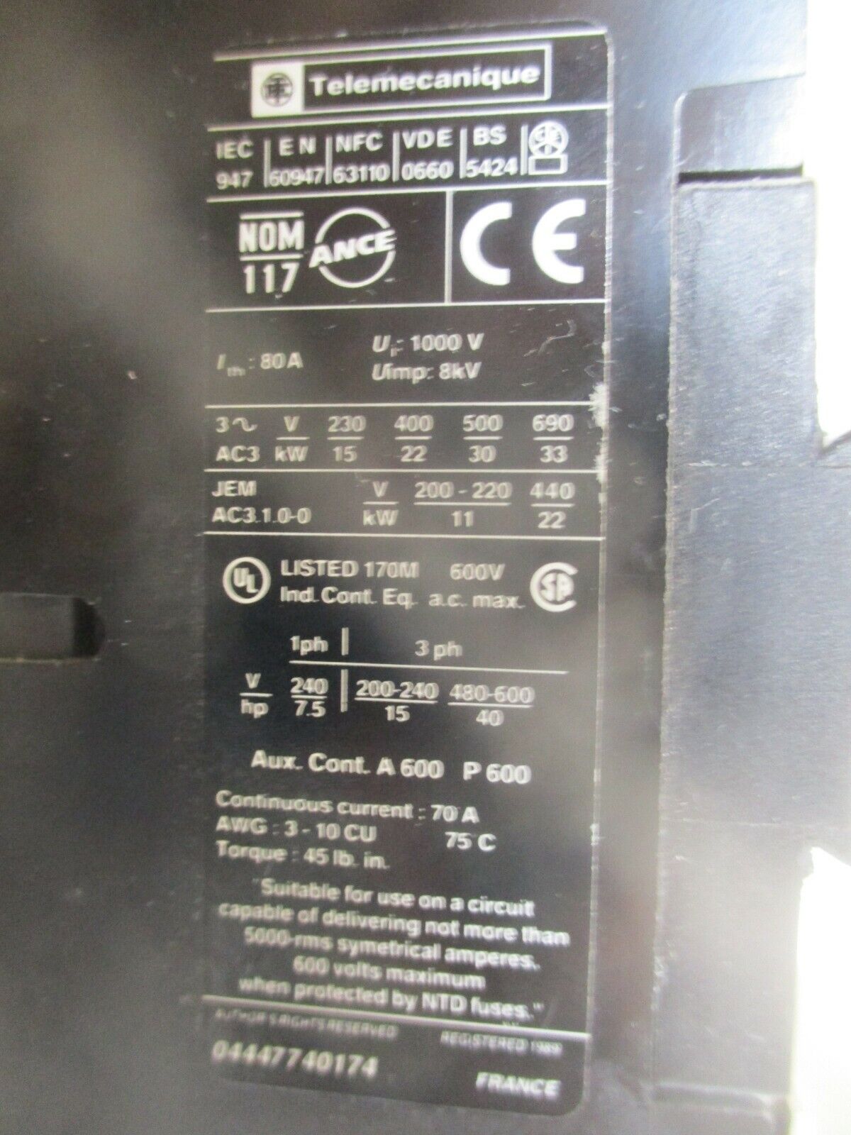 Telemecanique Contactor LC1 D5011 120V Coil 70A 600V Used