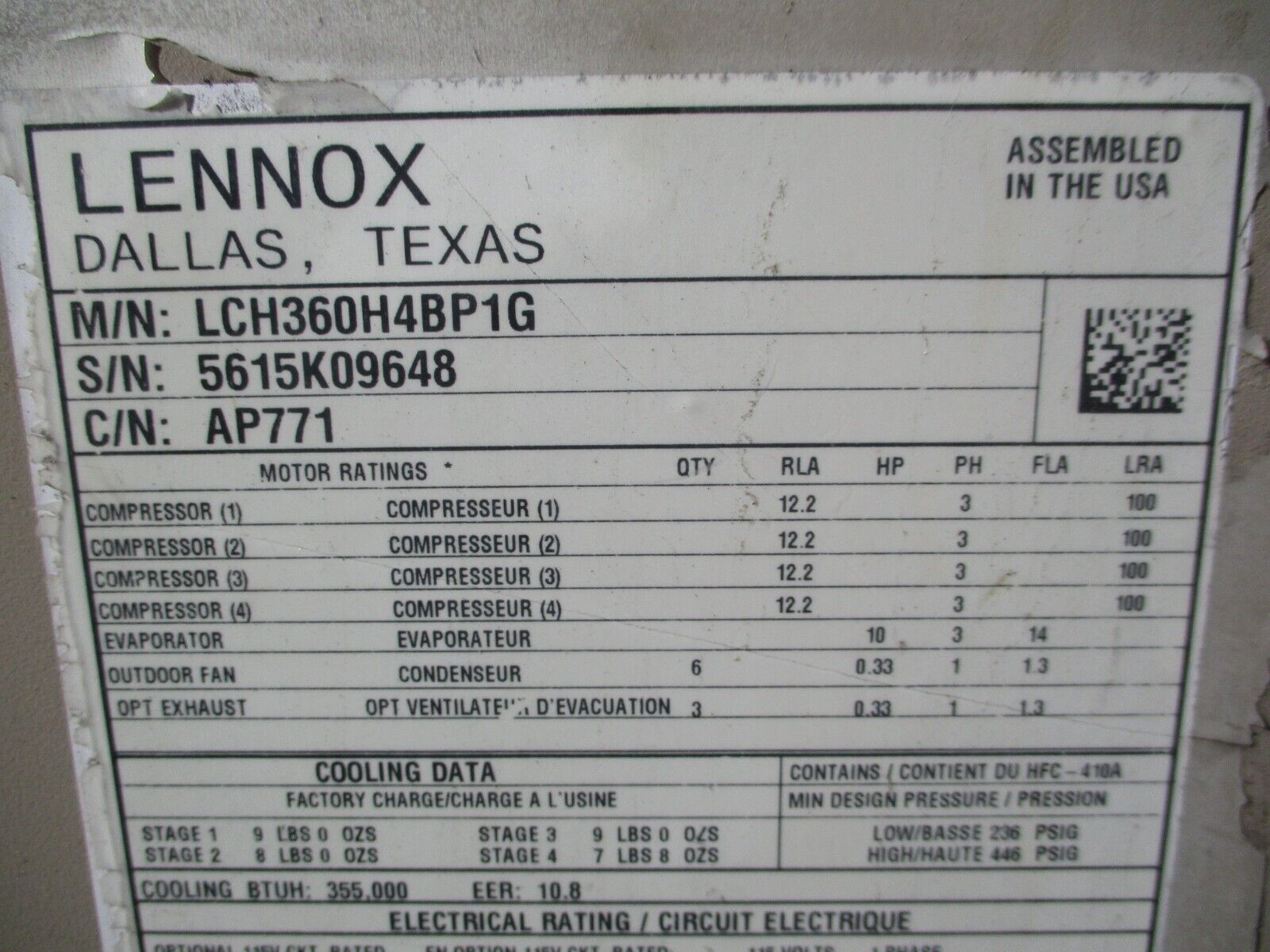 Lennox LCH Rooftop Unit LCH360H4BP1G 30 Ton Electric Heat 68.9KW Heat 480V 3Ph