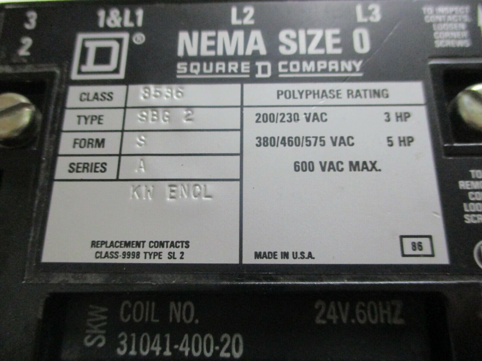 Square D Size 0 Starter 8536 SBG2 24V Coil 600V Used