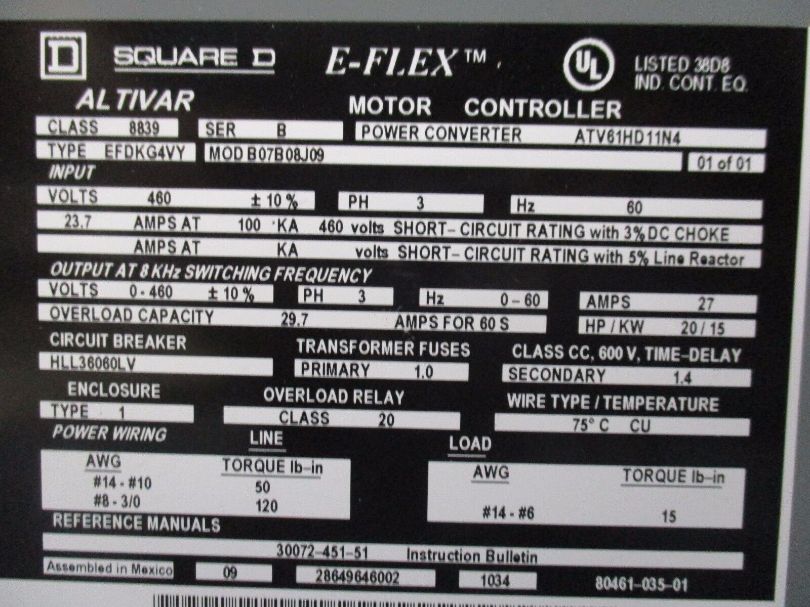 Square D E-Flex Altivar AC Drive 8839 EFDKG4VY 20Hp 3Ph Used