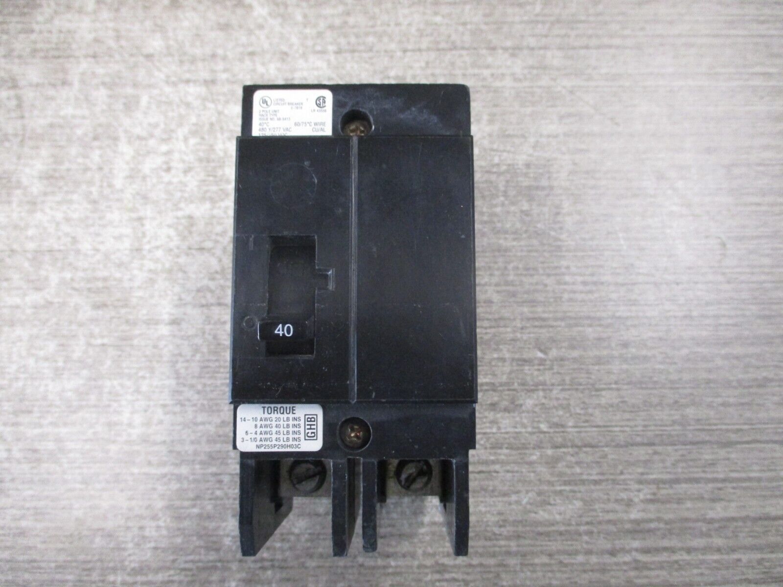 Cutler-Hammer Bolt-on Circuit Breaker GHB2040 40A 277/480V 2P Used