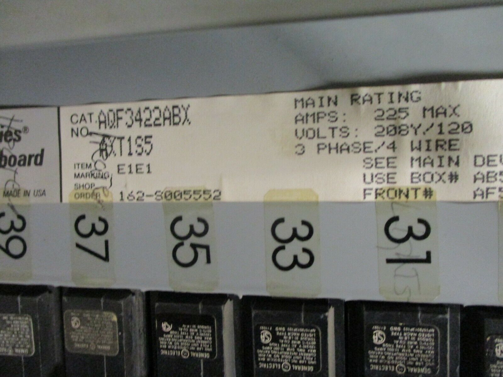 GE Main Breaker Circuit Breaker Panel AQF3422ABX 225A Max 208Y/120 3Ph 4W Used