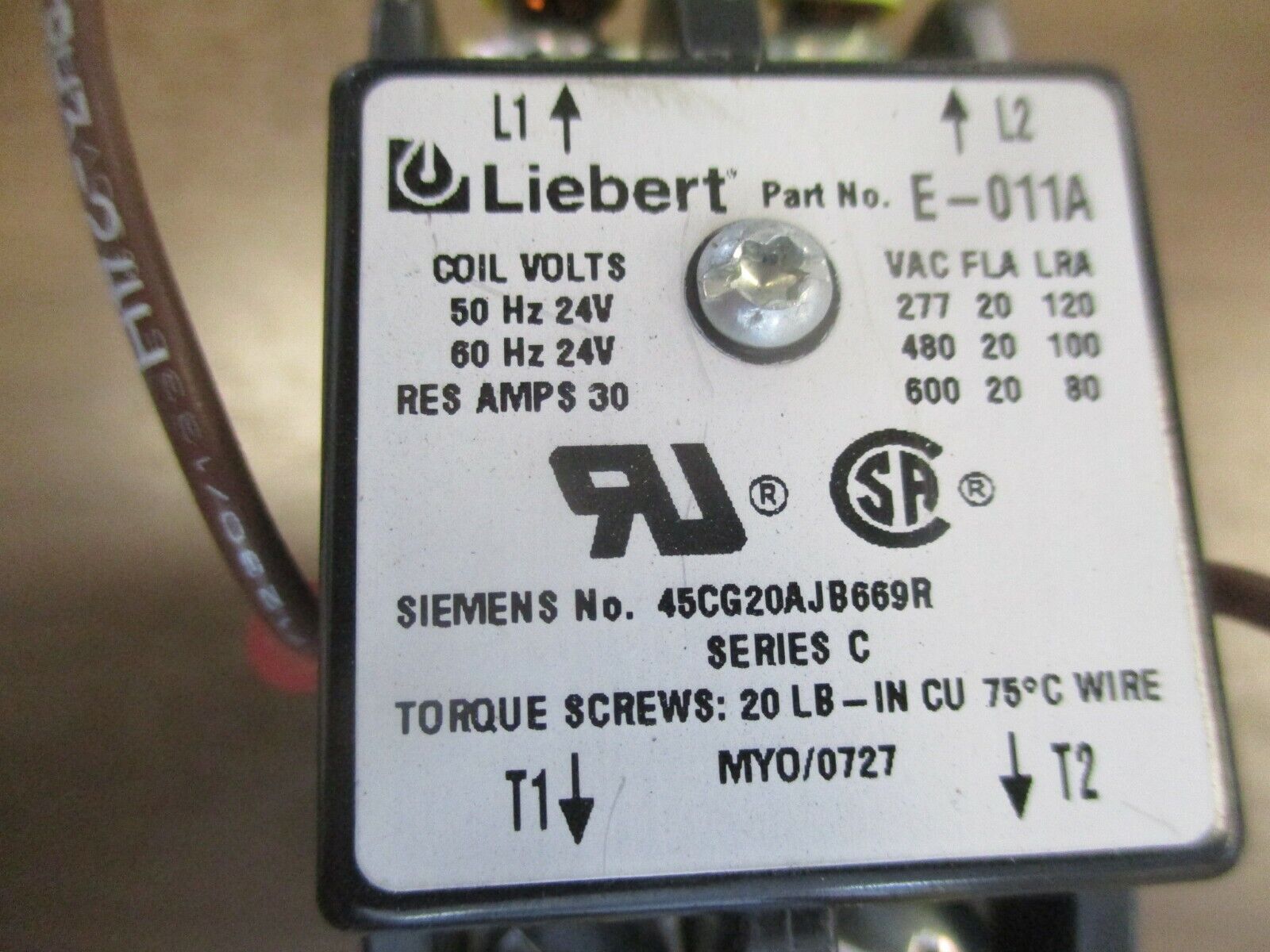 Liebert Contactor E-011A 24V Coil 20A 600V Used