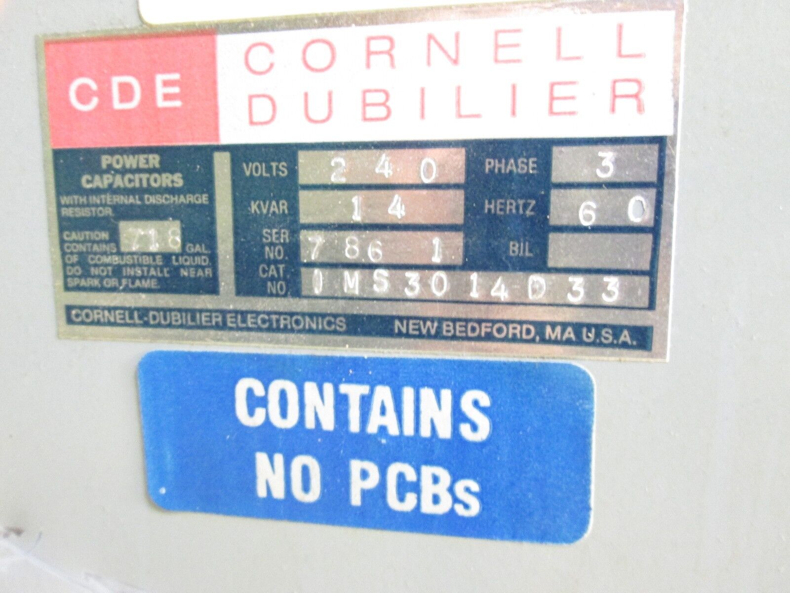Cornell Dubilier Capacitor IMS3014D33 14 KVAR 240V 60Hz 3Ph Used