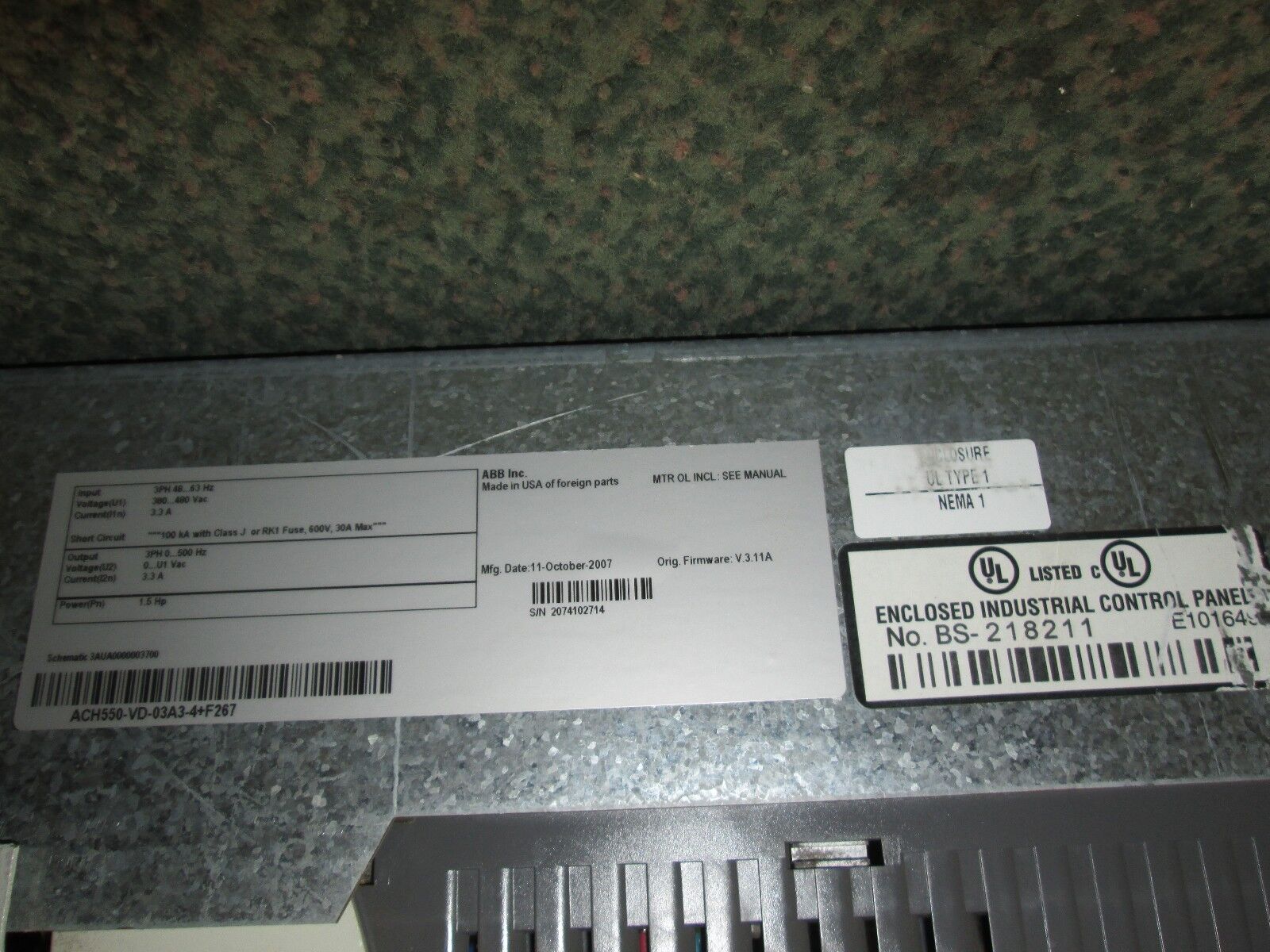 ABB ACH550 AC Drive with Bypass ACH550-VD-03A3-4+F267 1.5HP Used