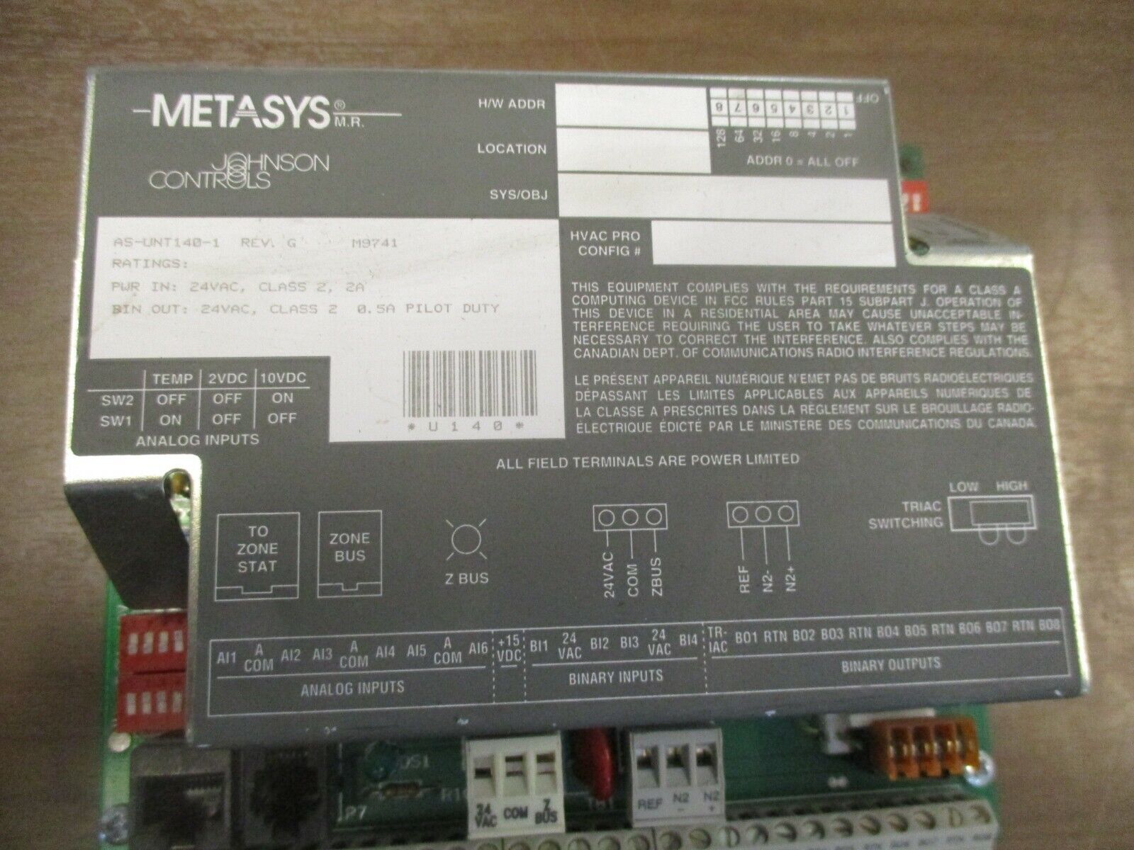 Johnson Controls Metasys Unitary Controller AS-UNT140-1 Rev. G 24VAC Used