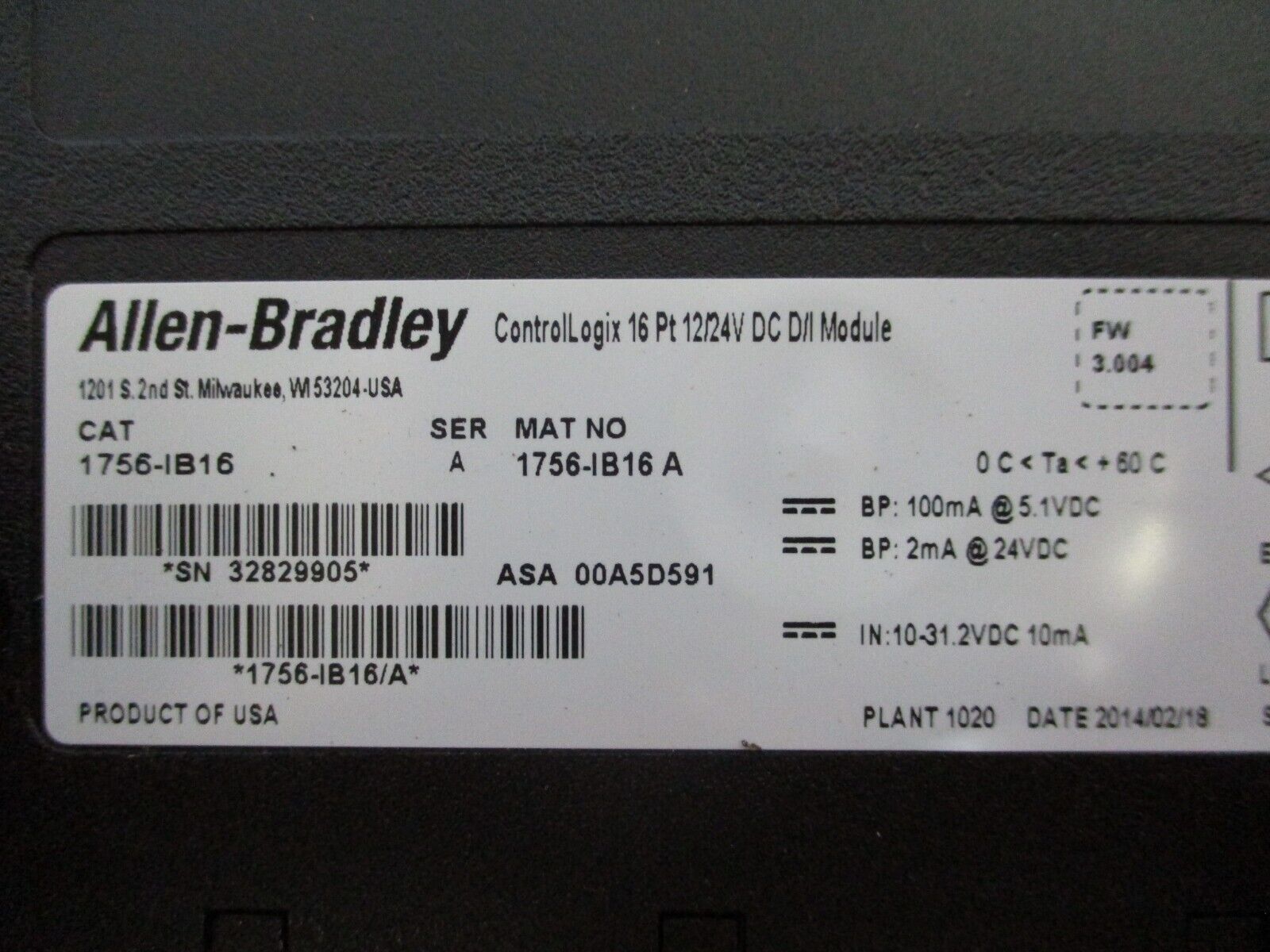 Allen-Bradley ControlLogix DC D/I Module 1756-IB16 Ser. A F/W Rev. 3.004 16PT