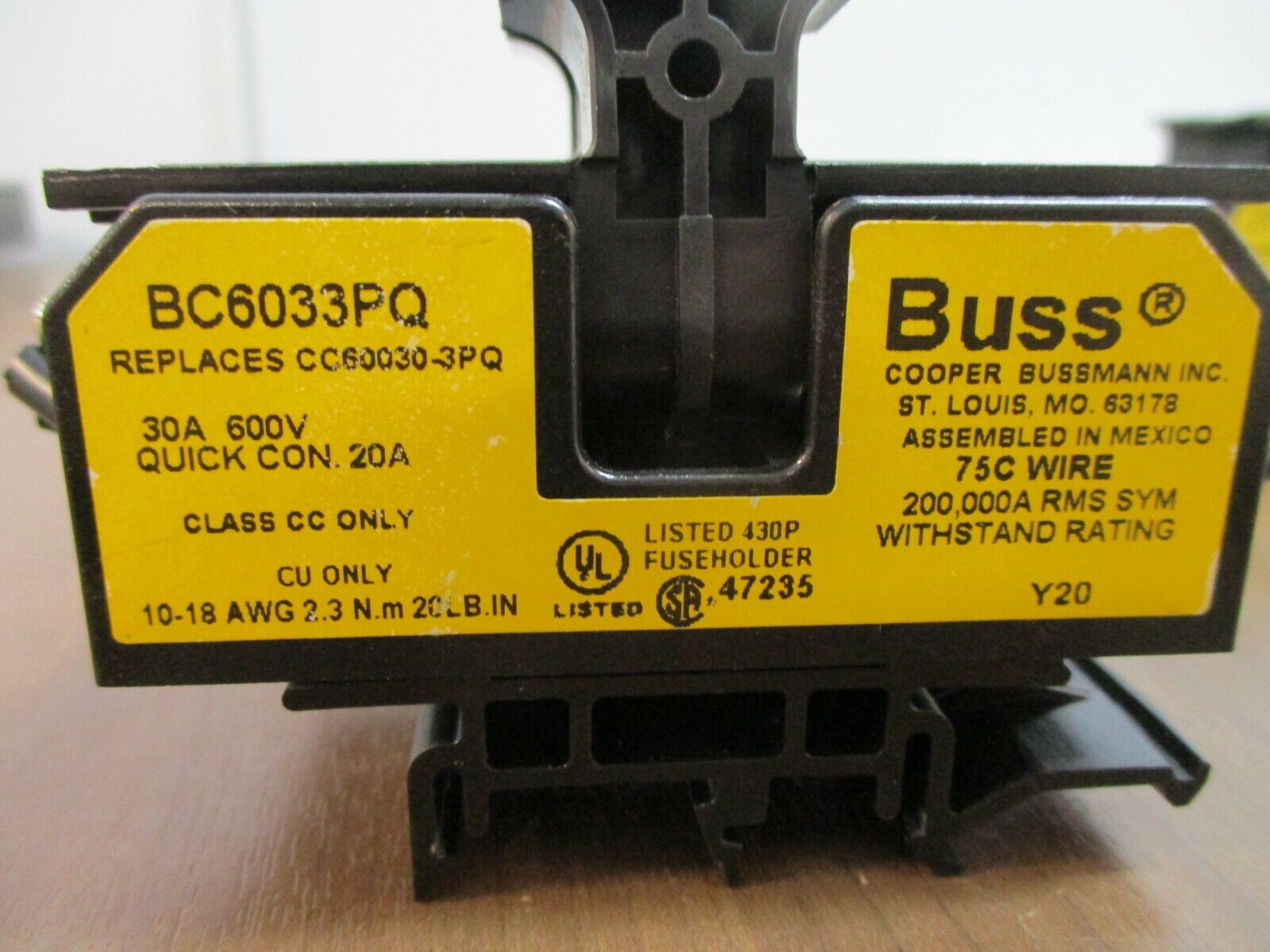 Buss Fuseholder BC6033PQ 30A 600V 3P *Lot of 2* Used