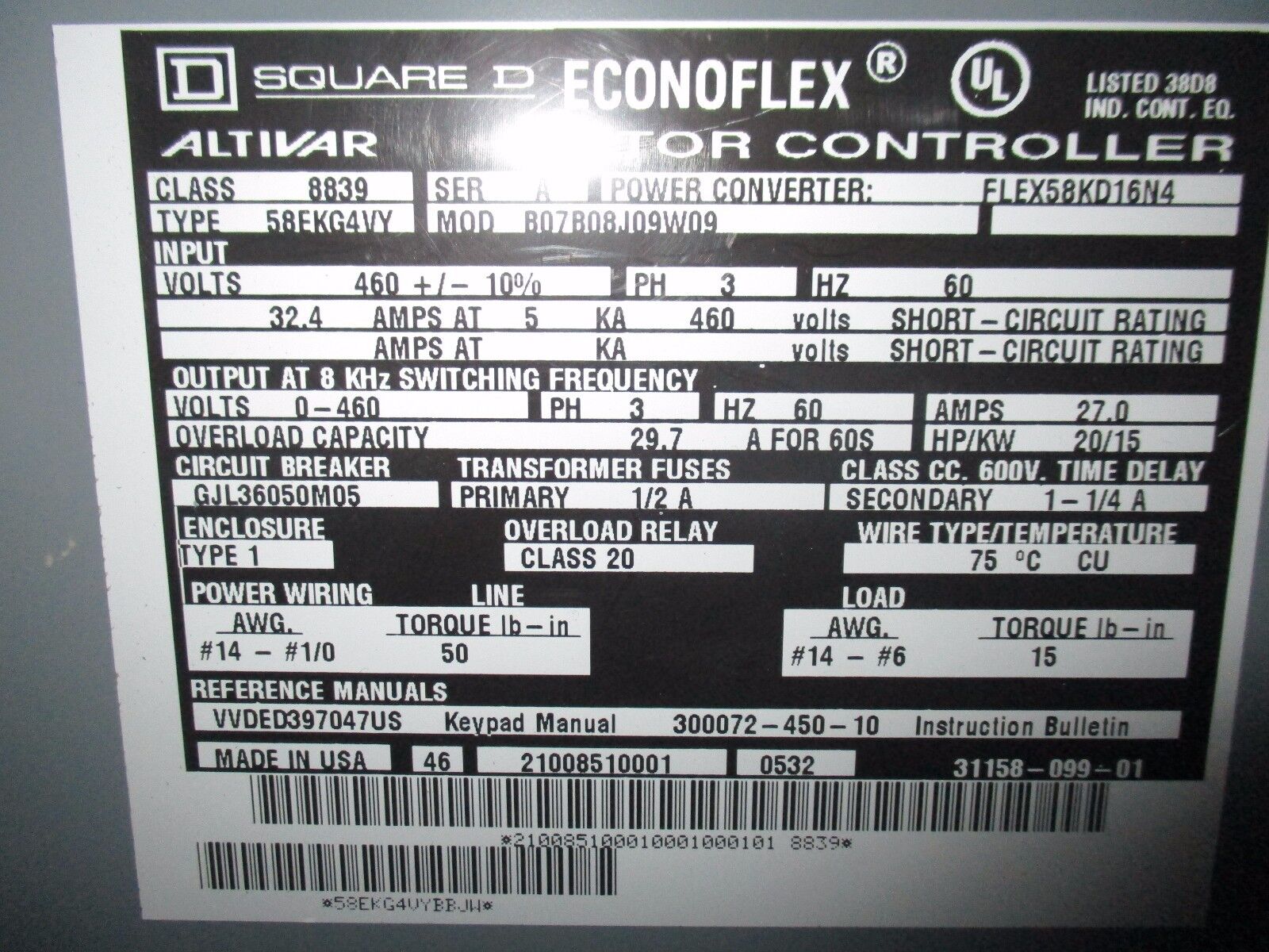 Square D Econoflex Altivar AC Drive 8839 584VY 20HP 3Ph Used
