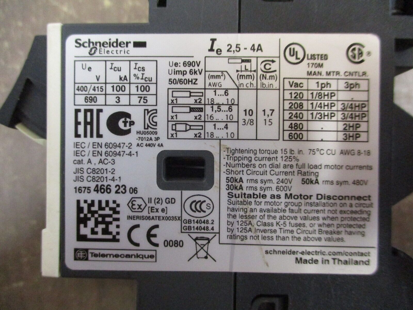 Schneider Electric Manual Starter GV2ME08 Trip: 2.5-4A Used