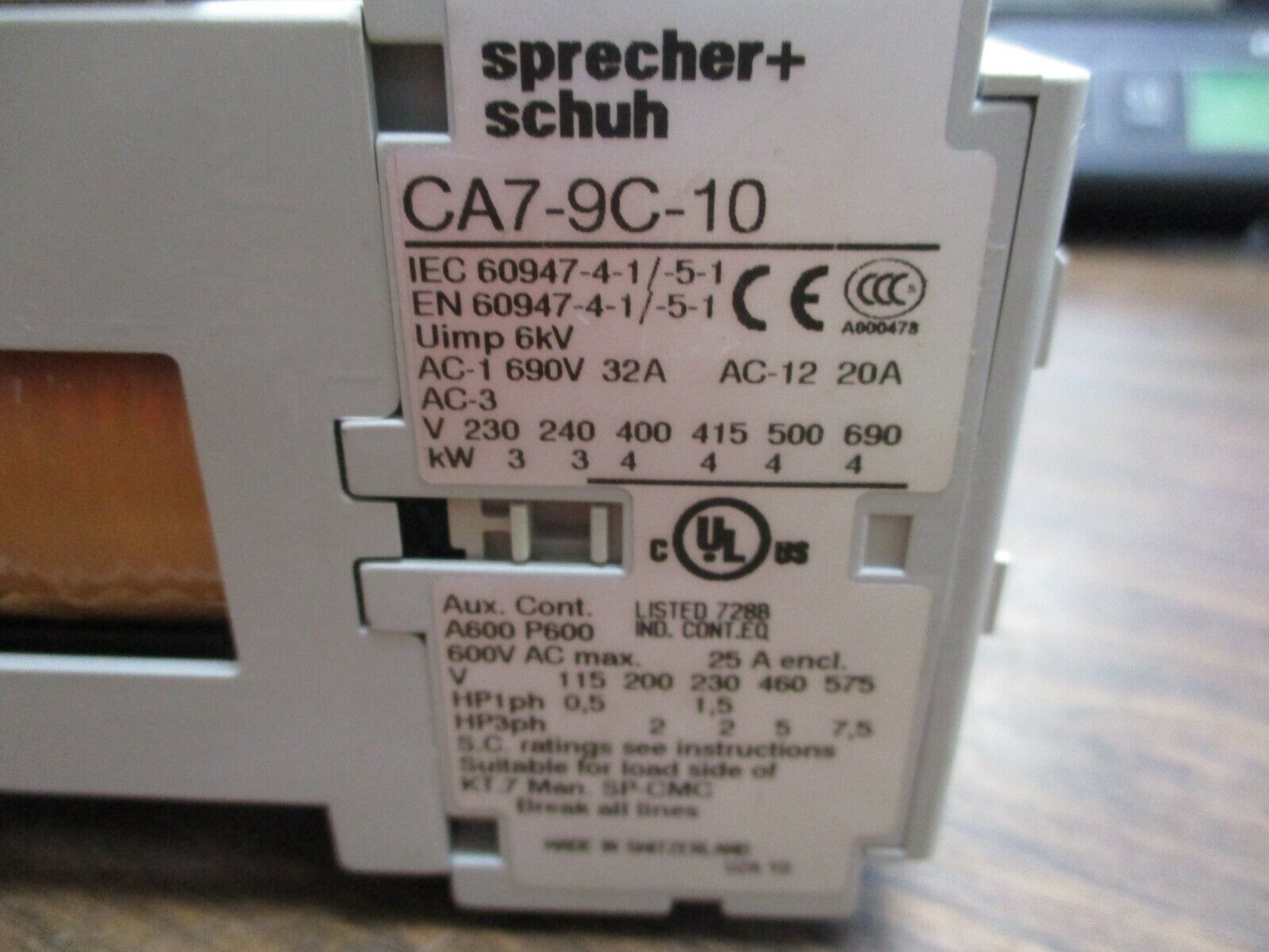 Sprecher+Schuh Contactor CA7-9C-10 24VDC Coil 25A 600V w/ Surge Suppressor Used