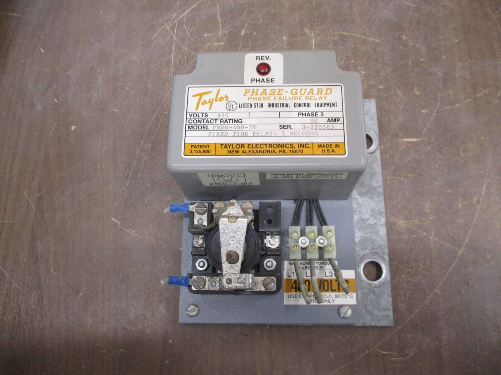 Phase-Guard Phase Failure Relay PNDR-480-5T 480V 3Ph 30A Delay: 5 Sec Used