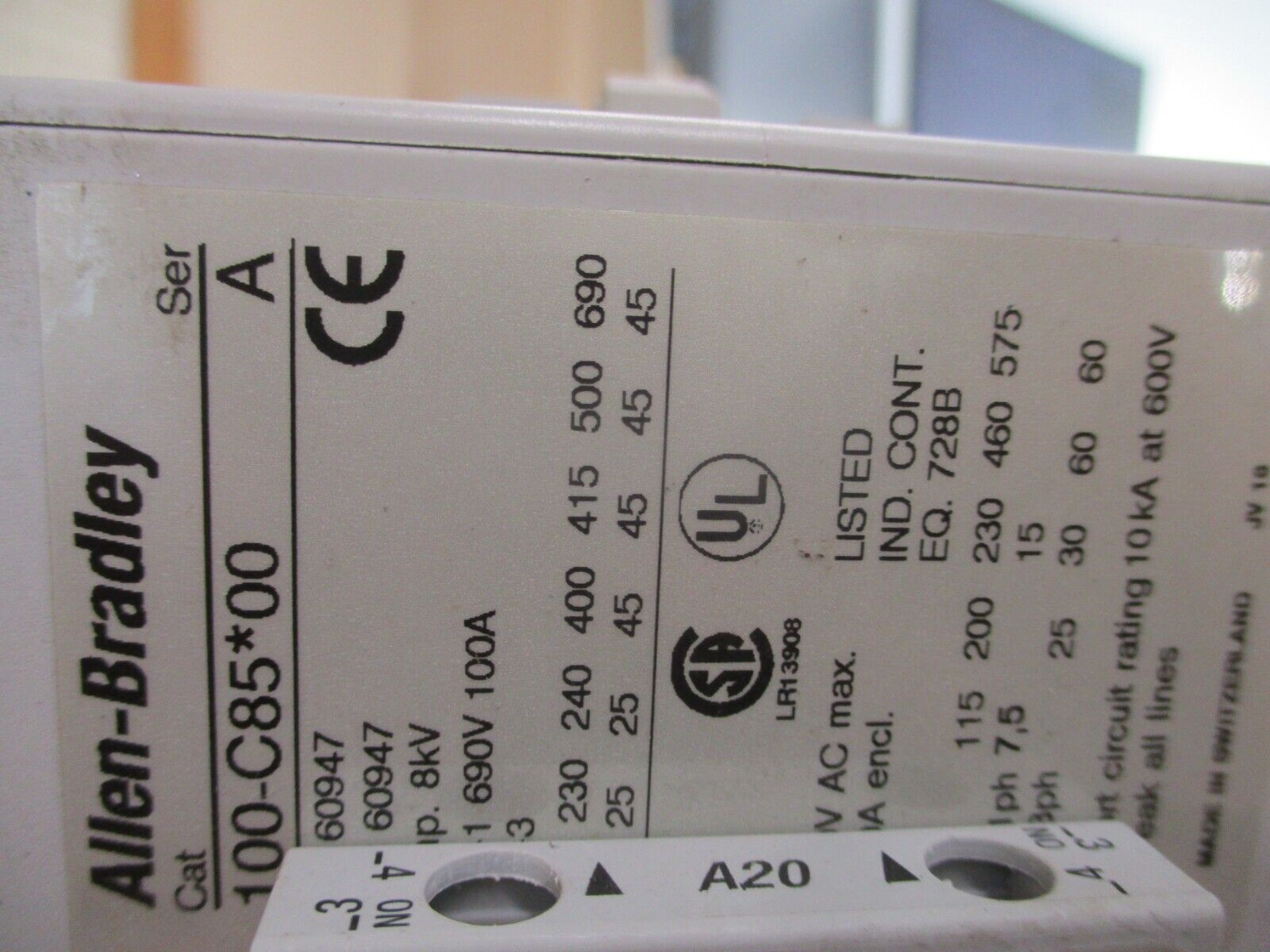 Allen-Bradley Starter 100-C85*00/193-EA2KE 120V Coil Trip: 26-85A 600V Used