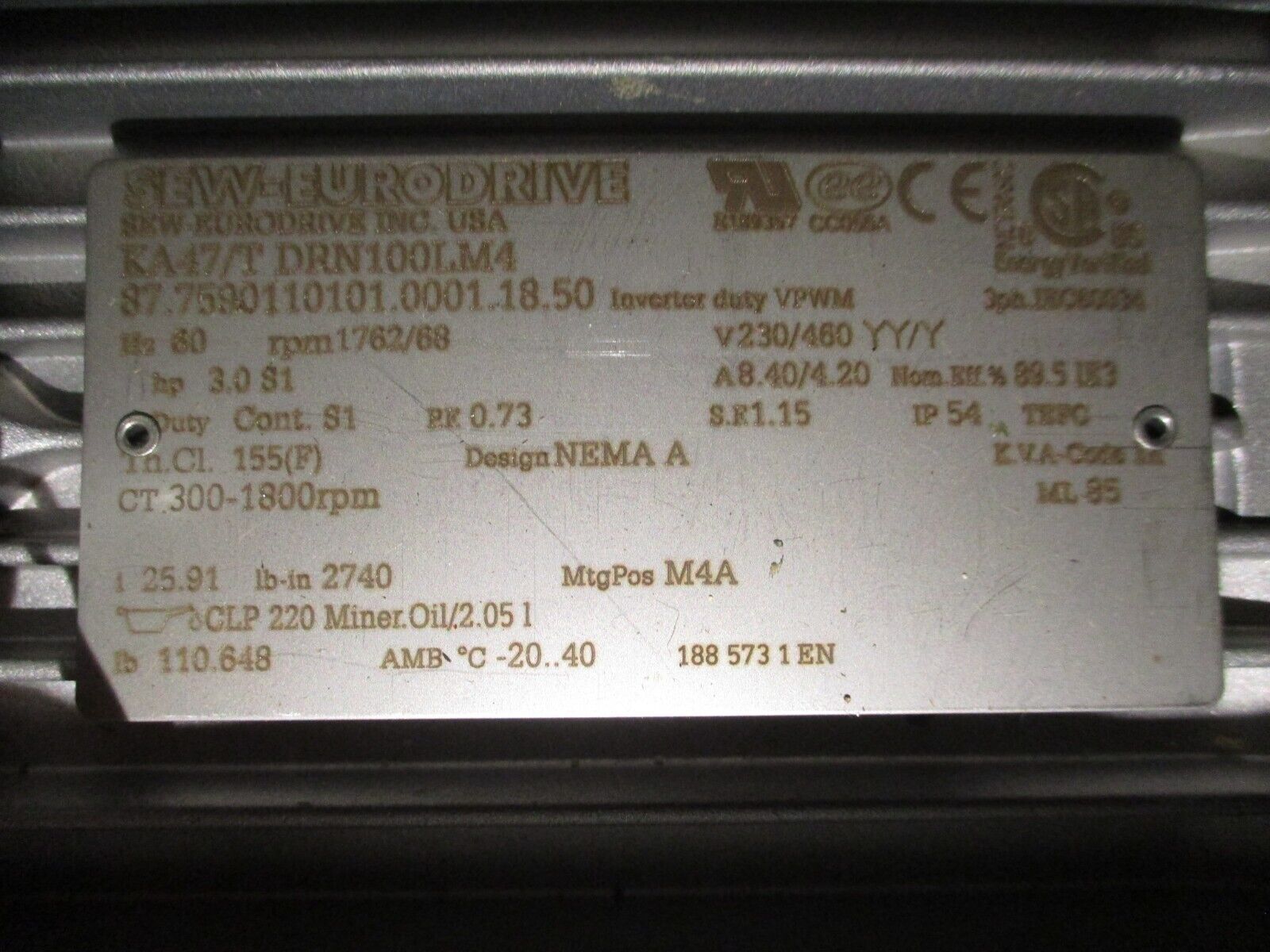 SEW-EURODRIVE Gearmotor KA47/T DRN100LM4 3HP 1800RPM 230/460V 8.40/4.20A 60Hz