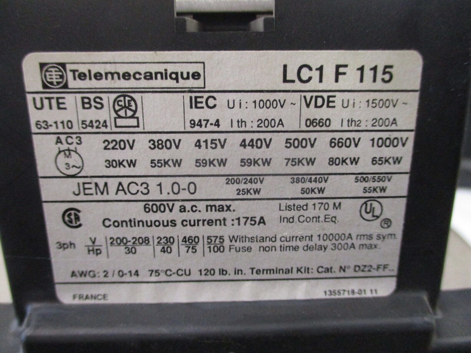 Telemecanique Contactor w/ 2 Aux Blocks LC1F115 115-120V Coil Used