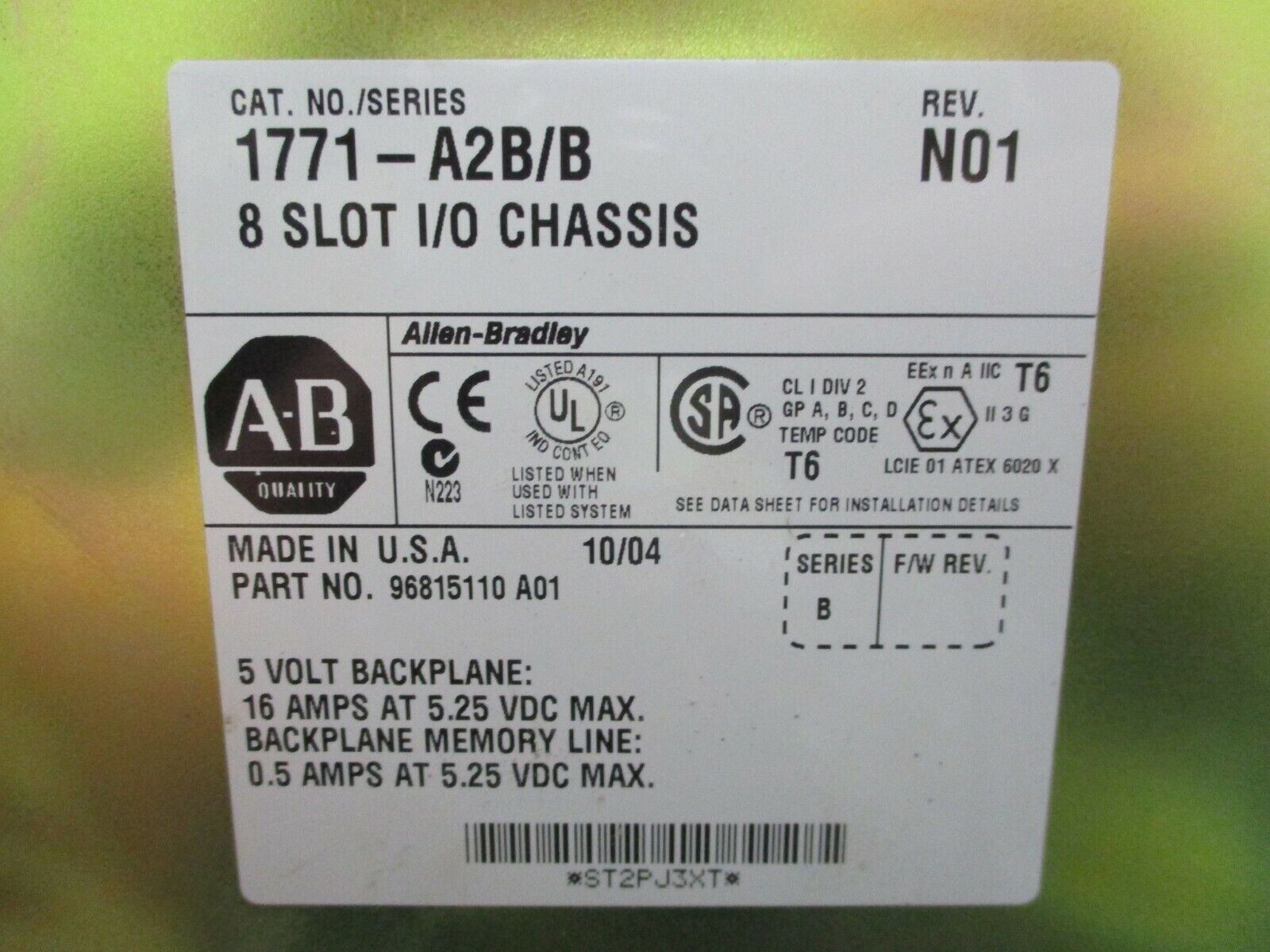 Allen-Bradley 8-Slot I/O Chassis 1771-A2B B Rev. N01 Used