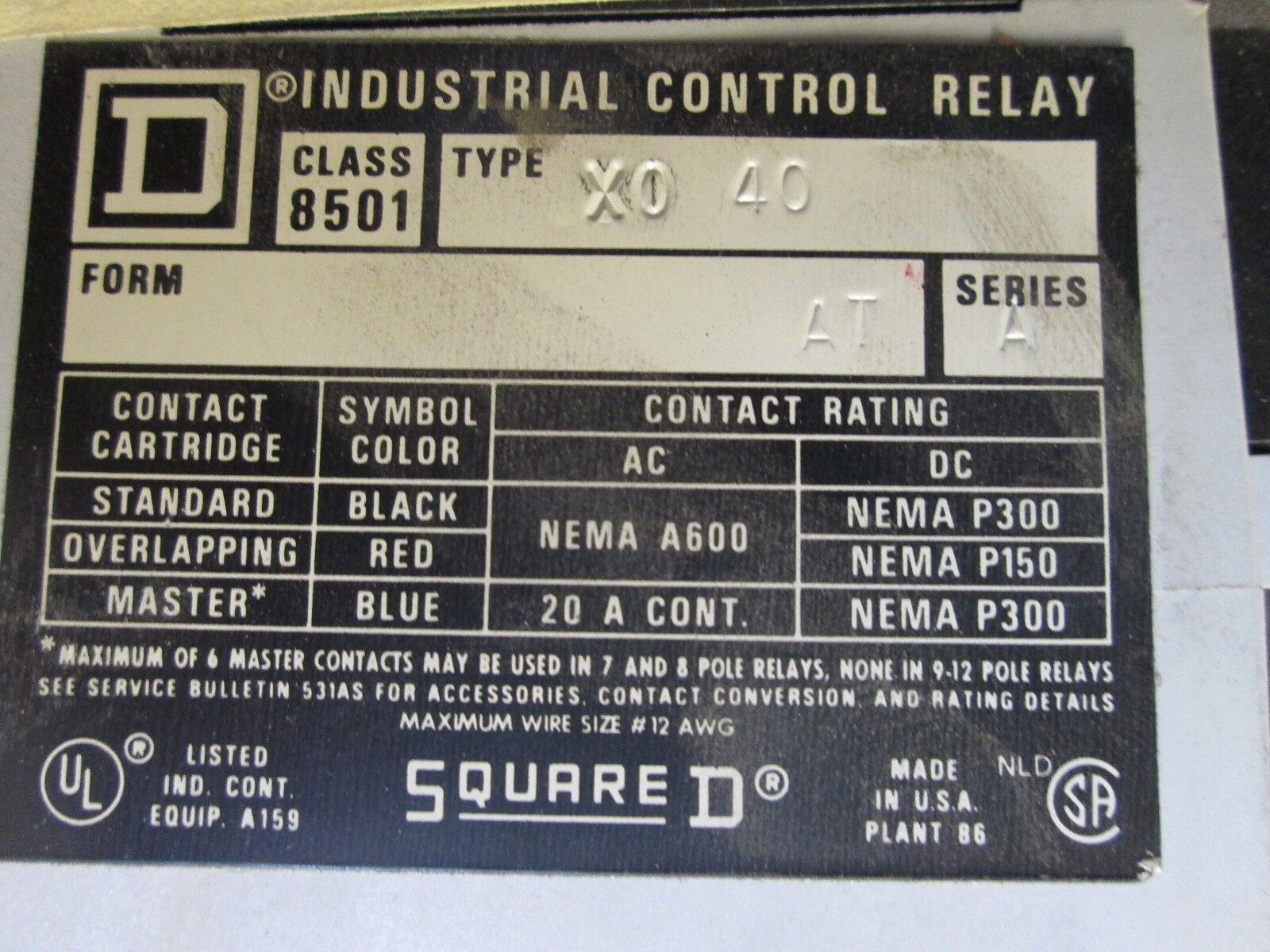 Square D Industrial Control Relay 8501 XO 40 AT 120V Coil *Lot of 2* Used