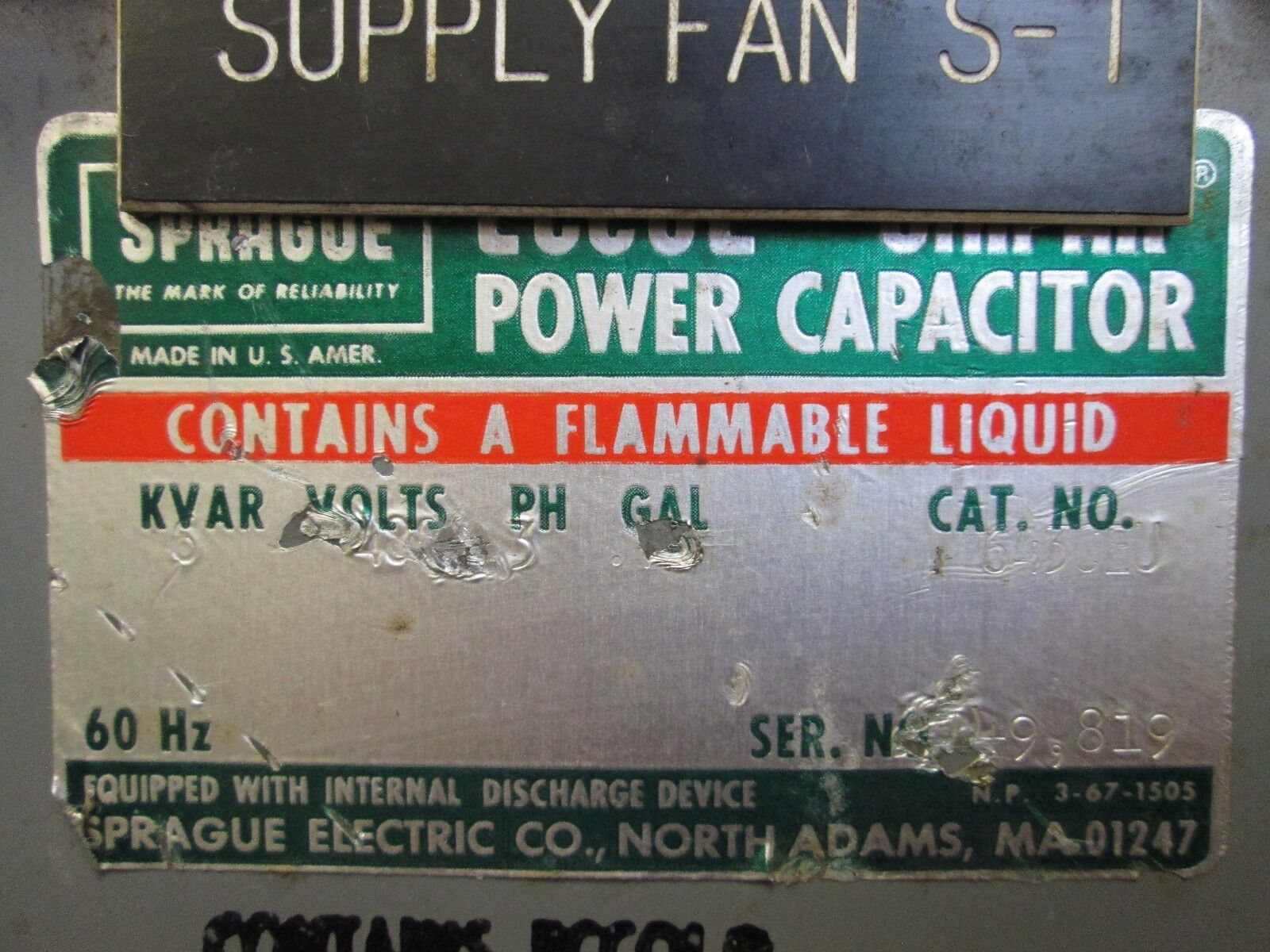 Sprague Eccol Unipak Power Capacitor 643CEU 6 KVAR 480V 60Hz 3Ph Used