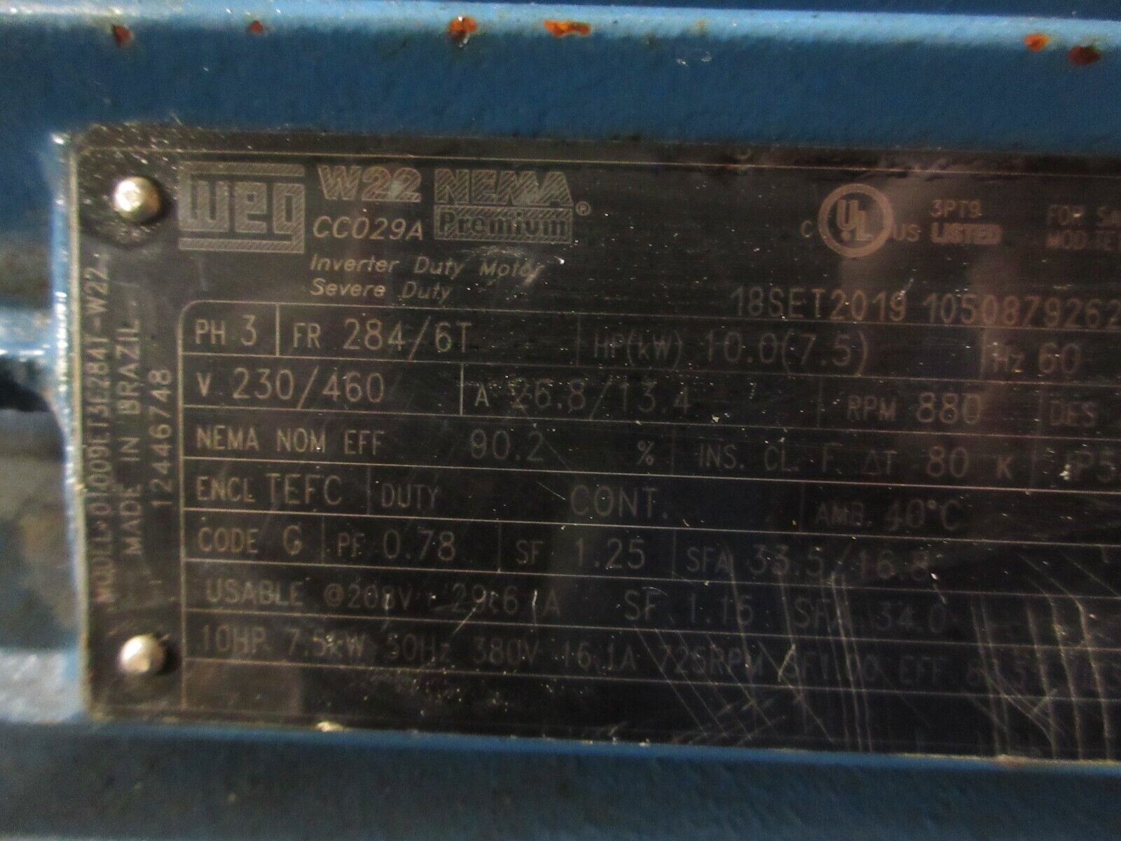 WEG AC Motor 01009ET3E284T-W22 10HP 880RPM 230/460V 3Ph 60Hz 284/6T Frame Used