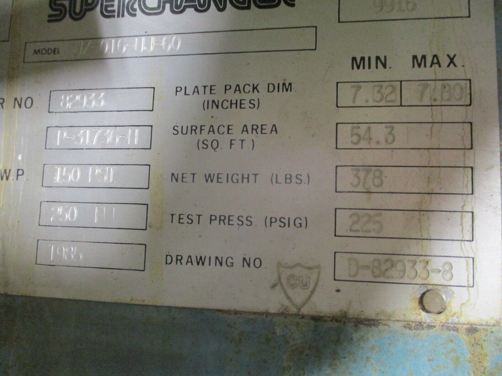 Tranter Inc. Superchanger Heat Exchanger UX-016-UJ-60 150PSI 250°F Used
