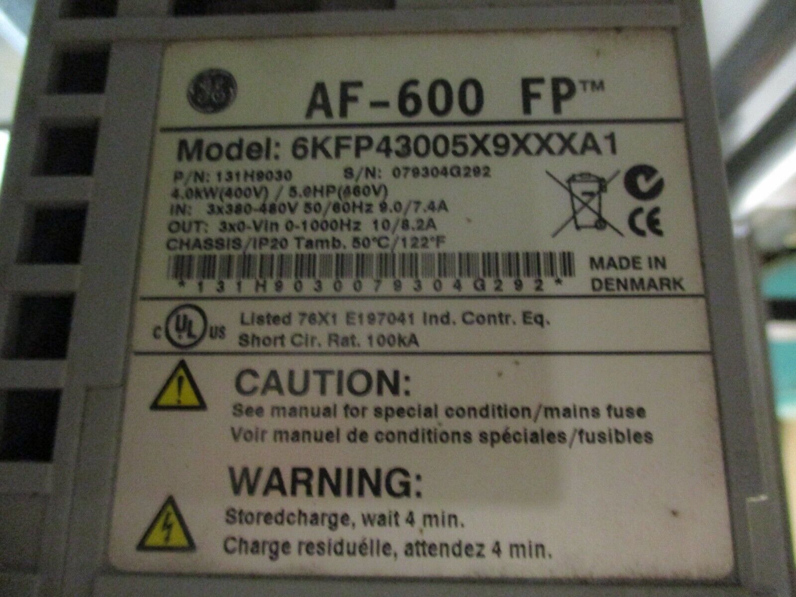 GE AF-600 FP AC Drive w/ Bypass 6KFPH30051RD4XX 5HP 3Ph 460V Used