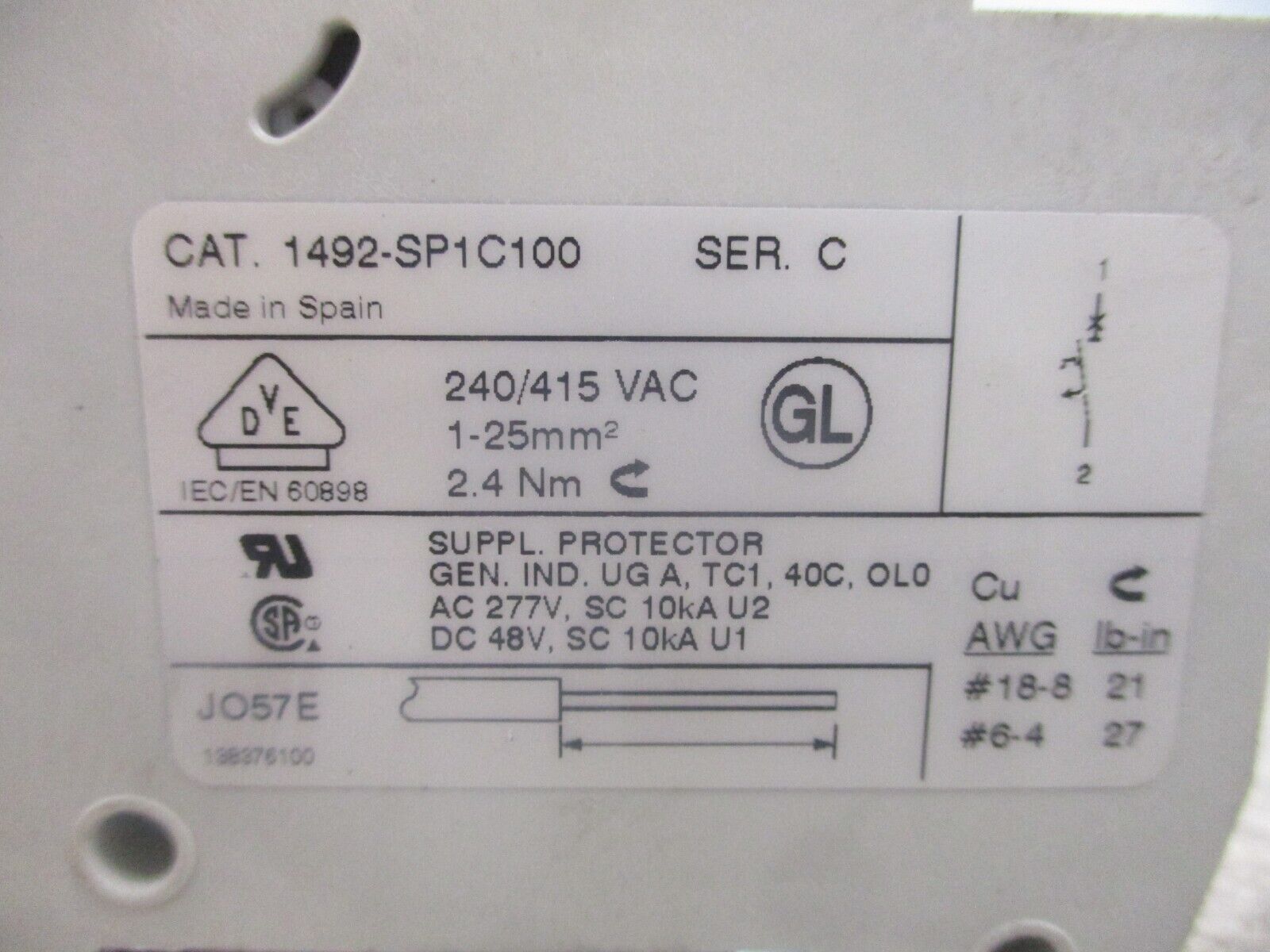 Allen-Bradley Circuit Breaker 1492-SP1C100 Ser. C 10A 277V 1P *Lot of 2* Used