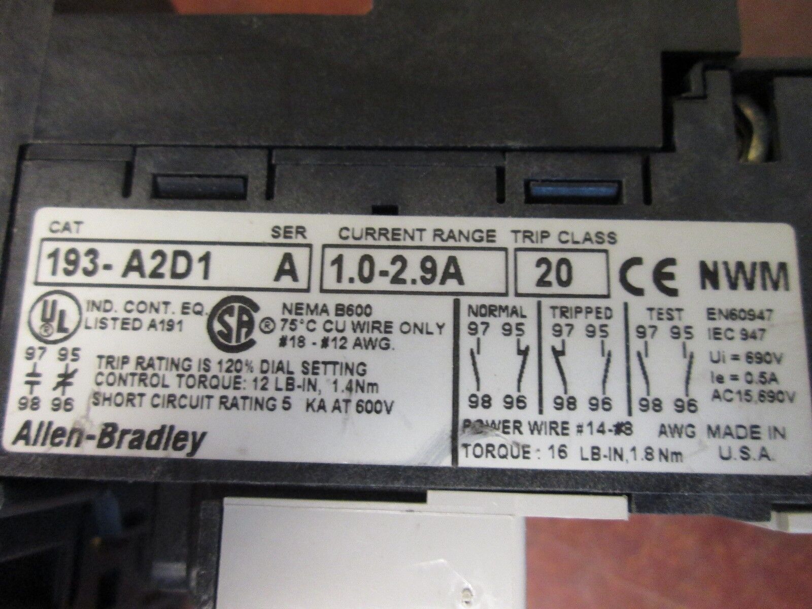 Allen-Bradley SMP-1 Solid State Overload 193-A2D1 Range: 1 - 2.9A w/ Base Used