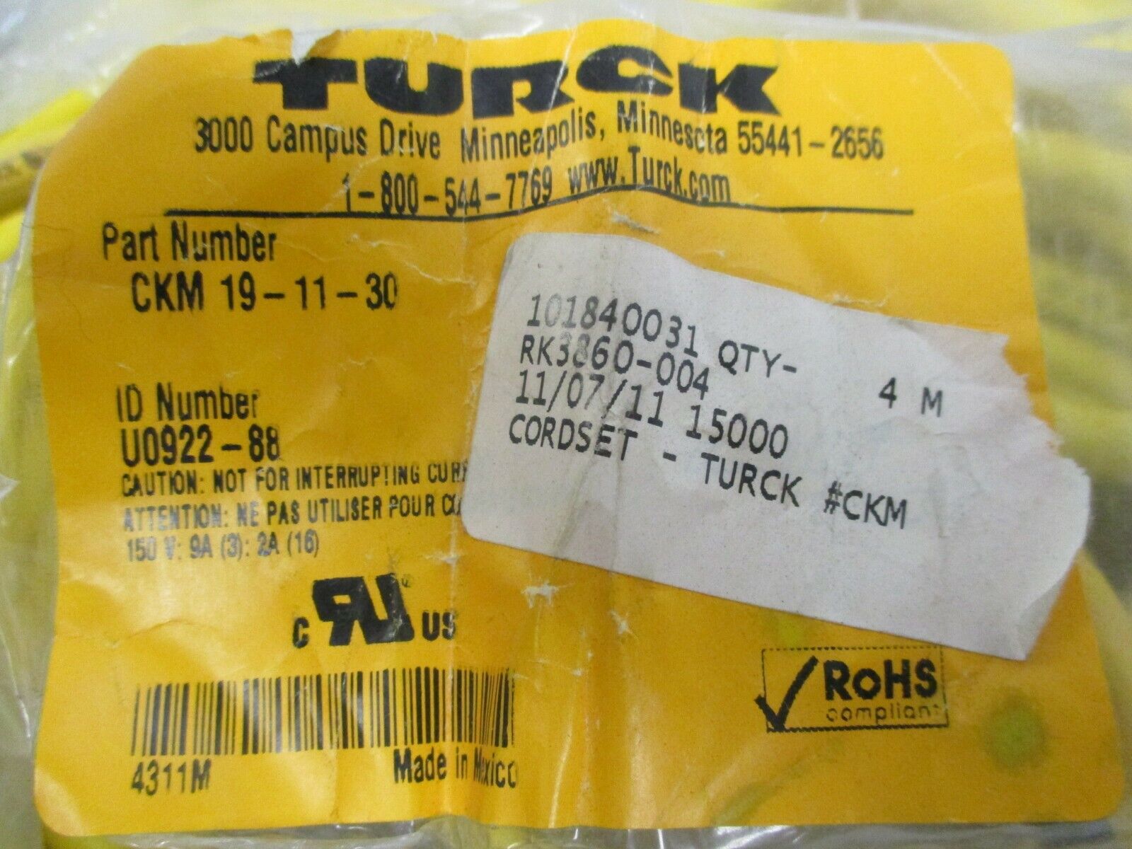 Turck Cordset CKM 19-11-30 4 Meters New Surplus *No Box*