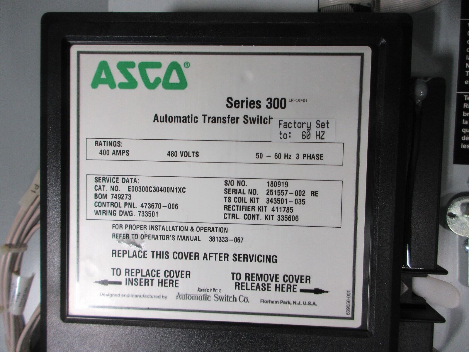 Asco Series 300 Automatic Transfer Switch E00300C30400N1XC 400A 480V 60Hz 3Ph