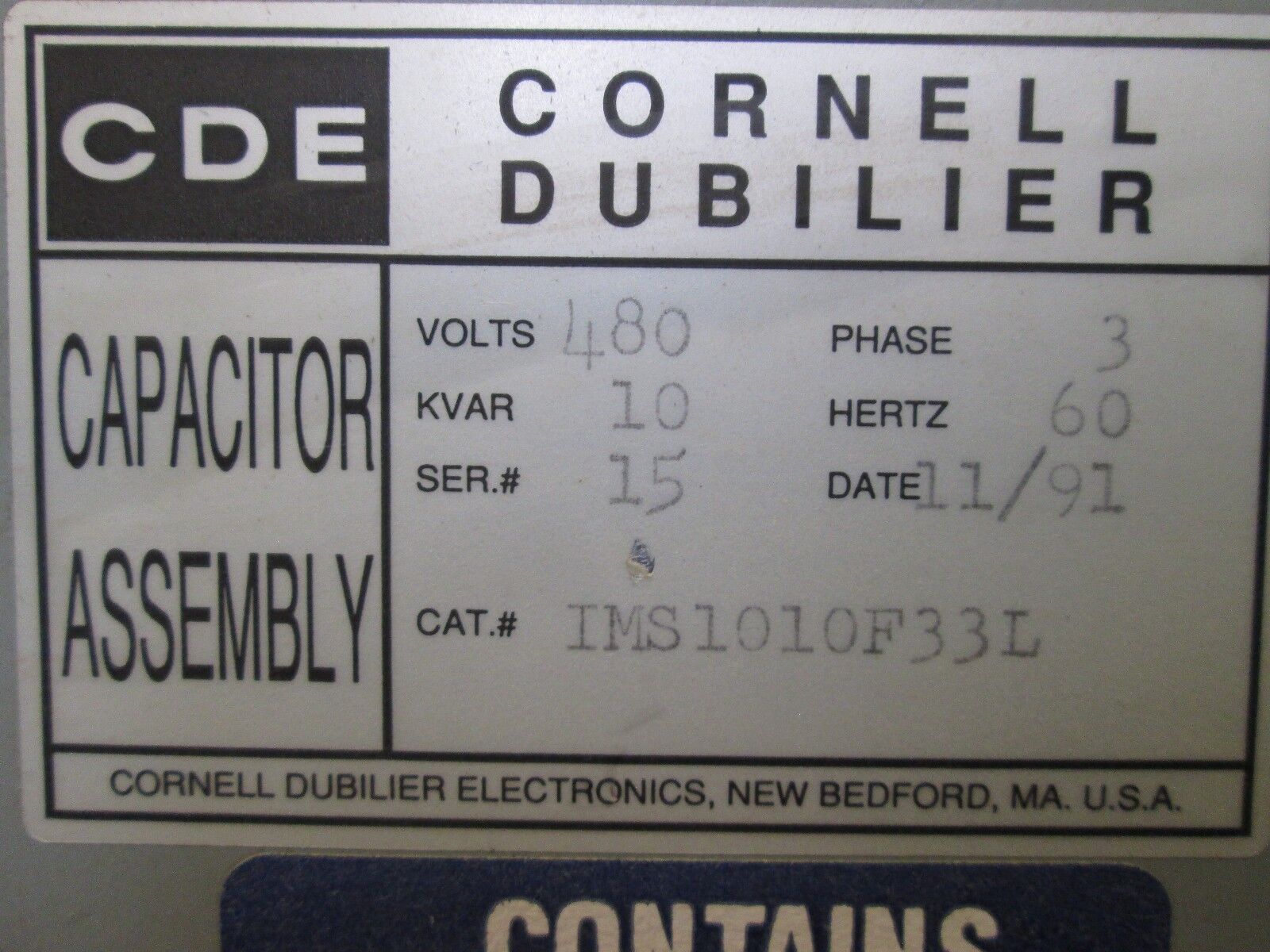 Cornell Dubilier Capacitor IMS1010F33L 480V 3Ph 60Hz 10 KVAR Used