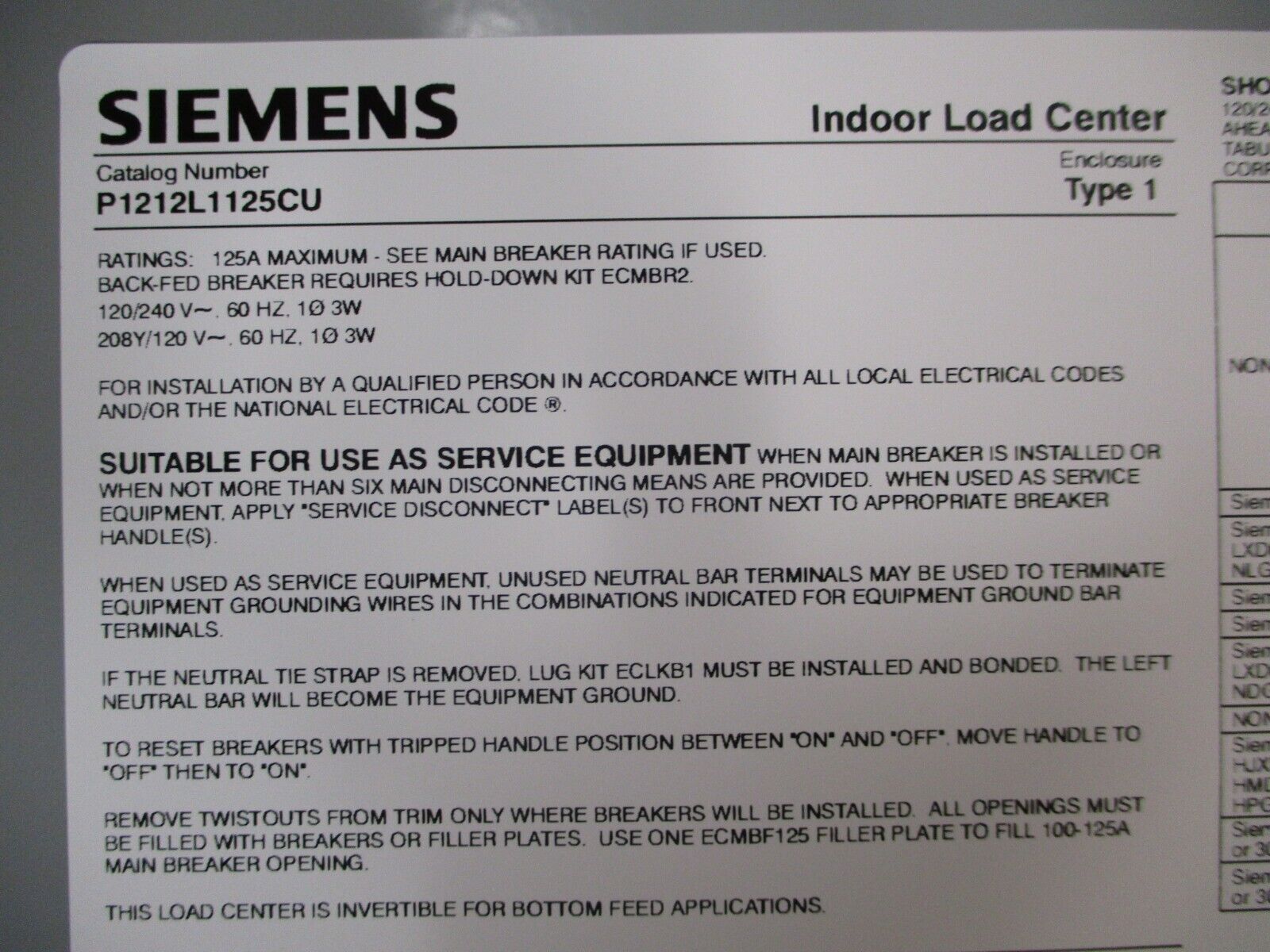 Siemens PL Series Main Lug Load Center P1212L1125CU 125A 120/240V 12-Space