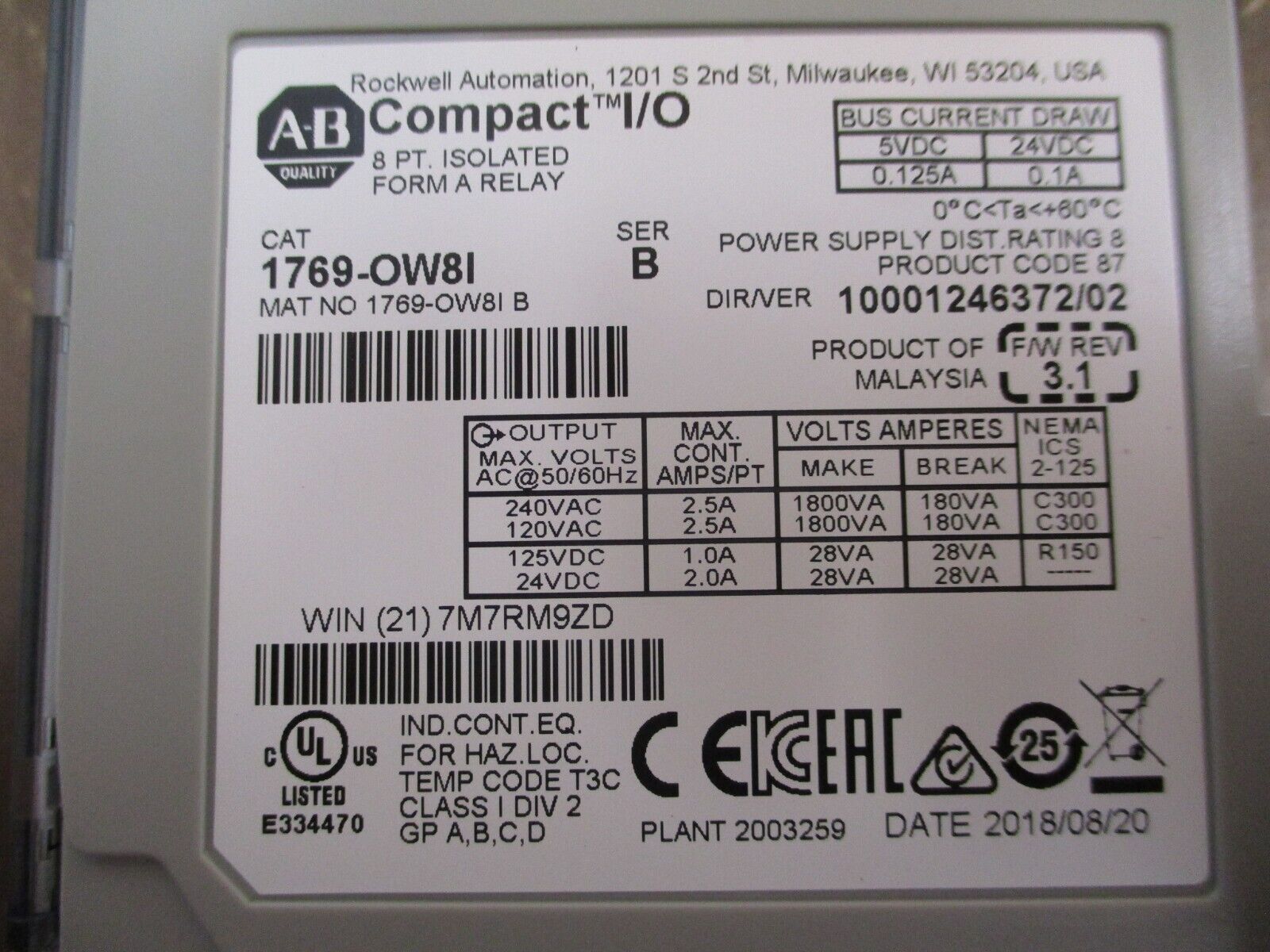 Allen-Bradley Compact I/O Isolated Form A Relay Output Module 1769-OW8I Ser. B