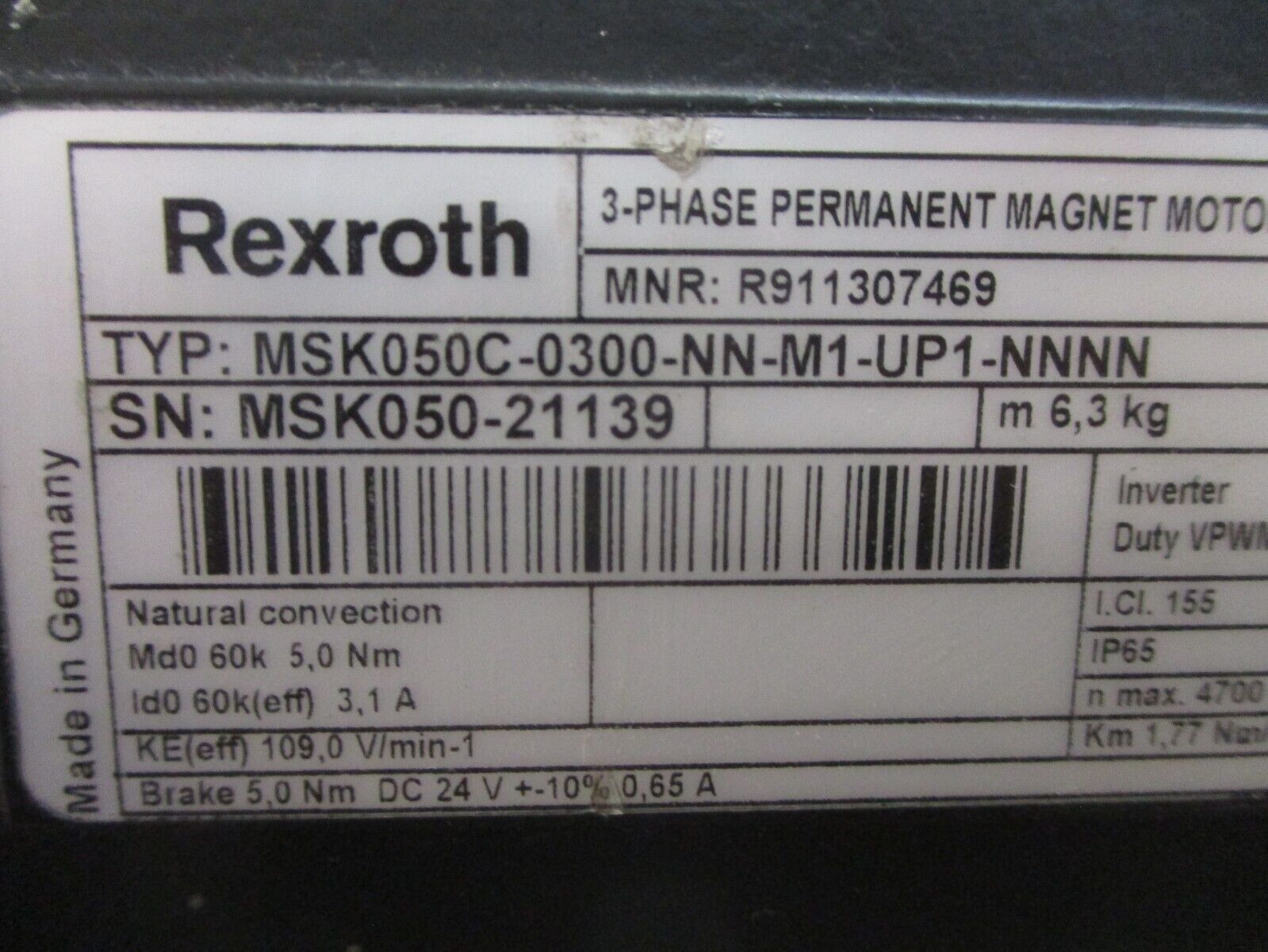 Rexroth Servo Motor MSK050C-0300-NN-M1-UP0-NNNN 3.1A 600V 1.77 Nm/A Used
